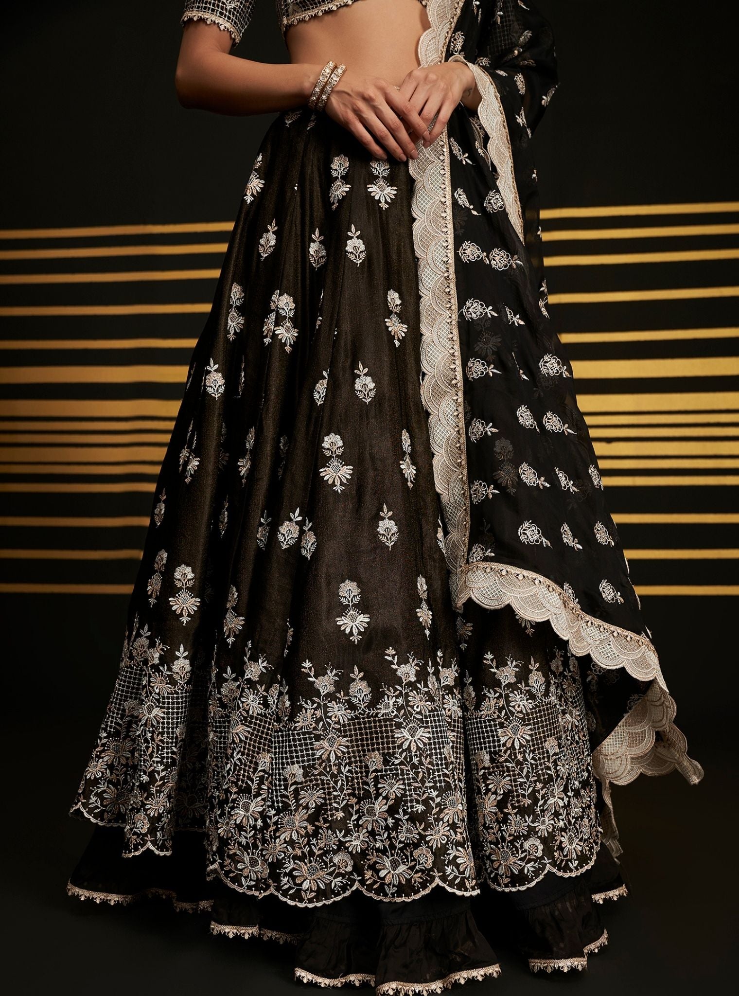 Mulmul Luxe Tissue Sathi Black Lehenga