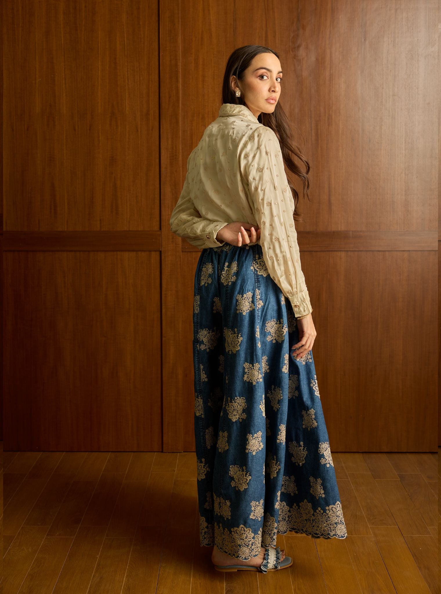 Mireya Cupro Satin Denim Sharara Set