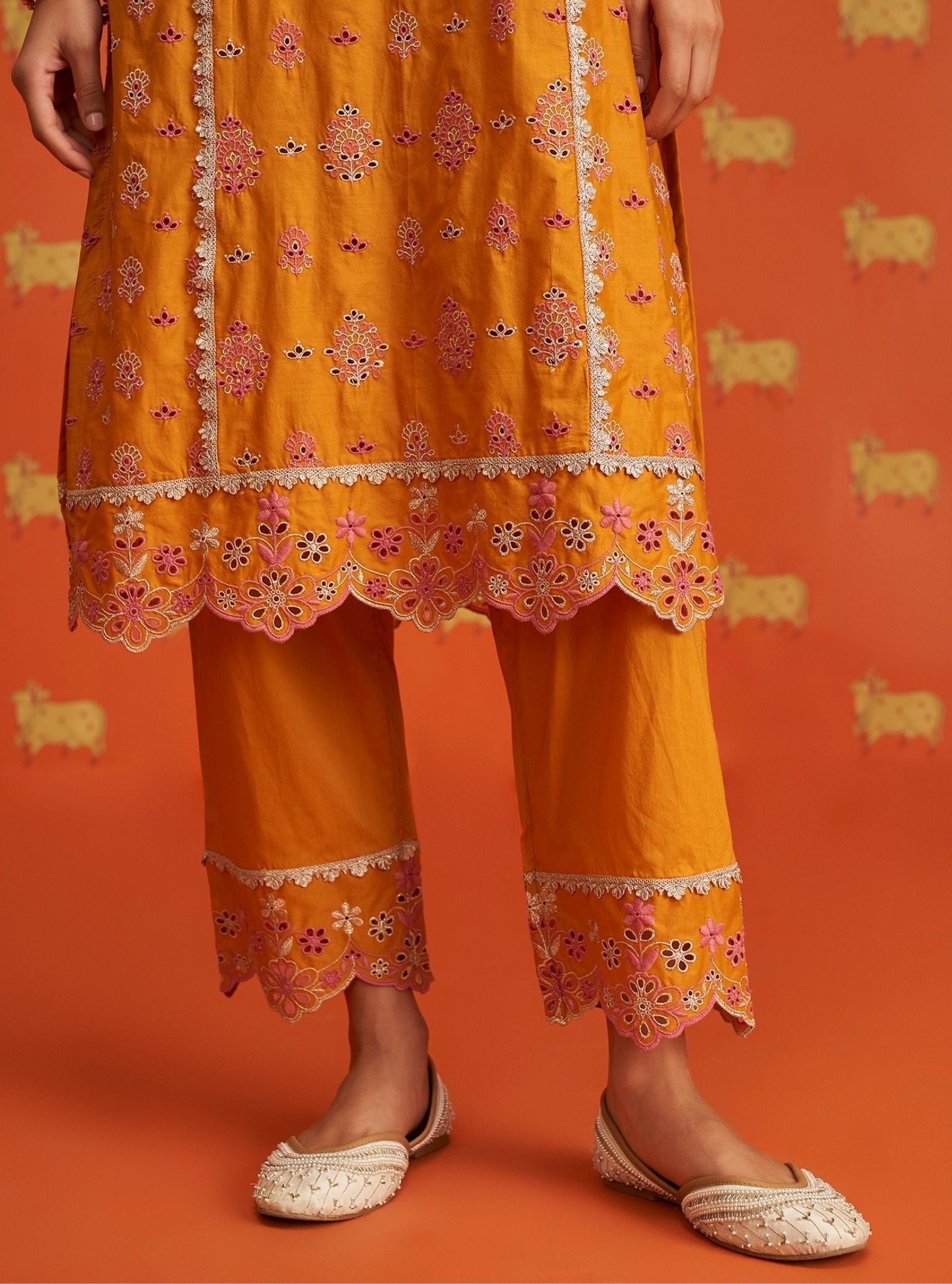 Mulmul Cotton Lamai Orange Kurta With Mulmul Cotton Lamai Orange Pant