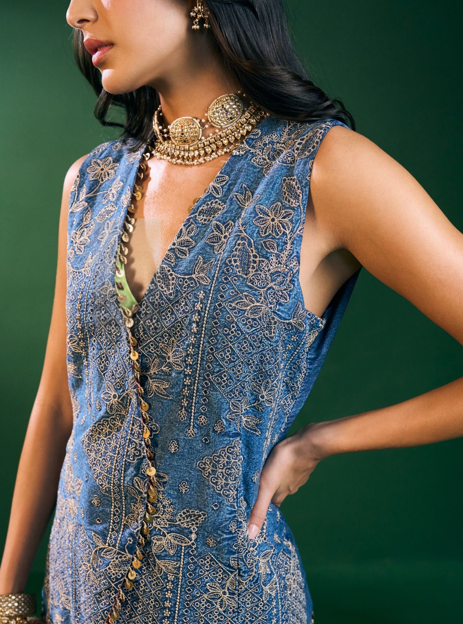 Lunira Denim Waistcoat With Cupro Satin Printed Sage Green Pant