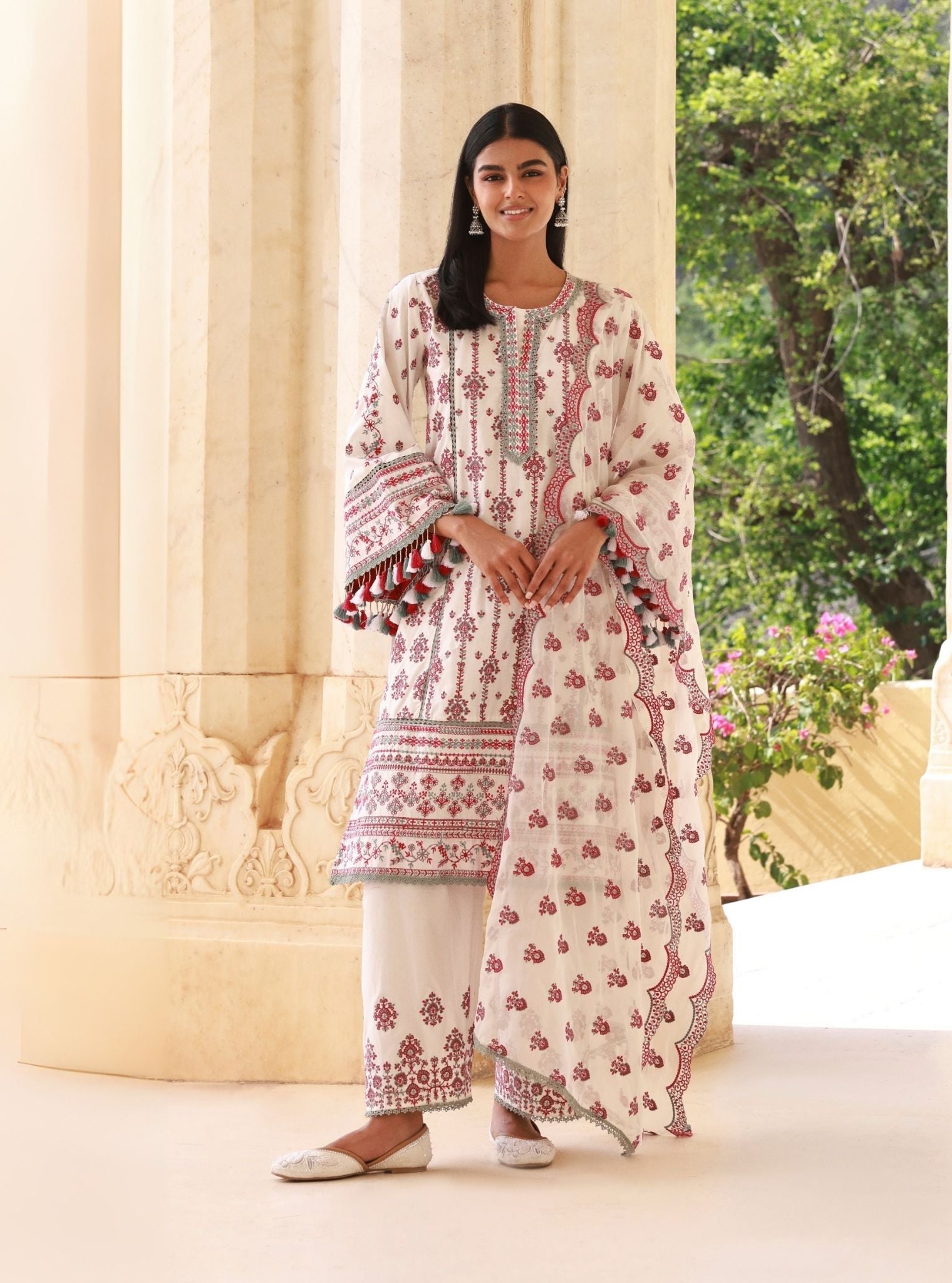 Lomeya White & Fuschia Kurta Set