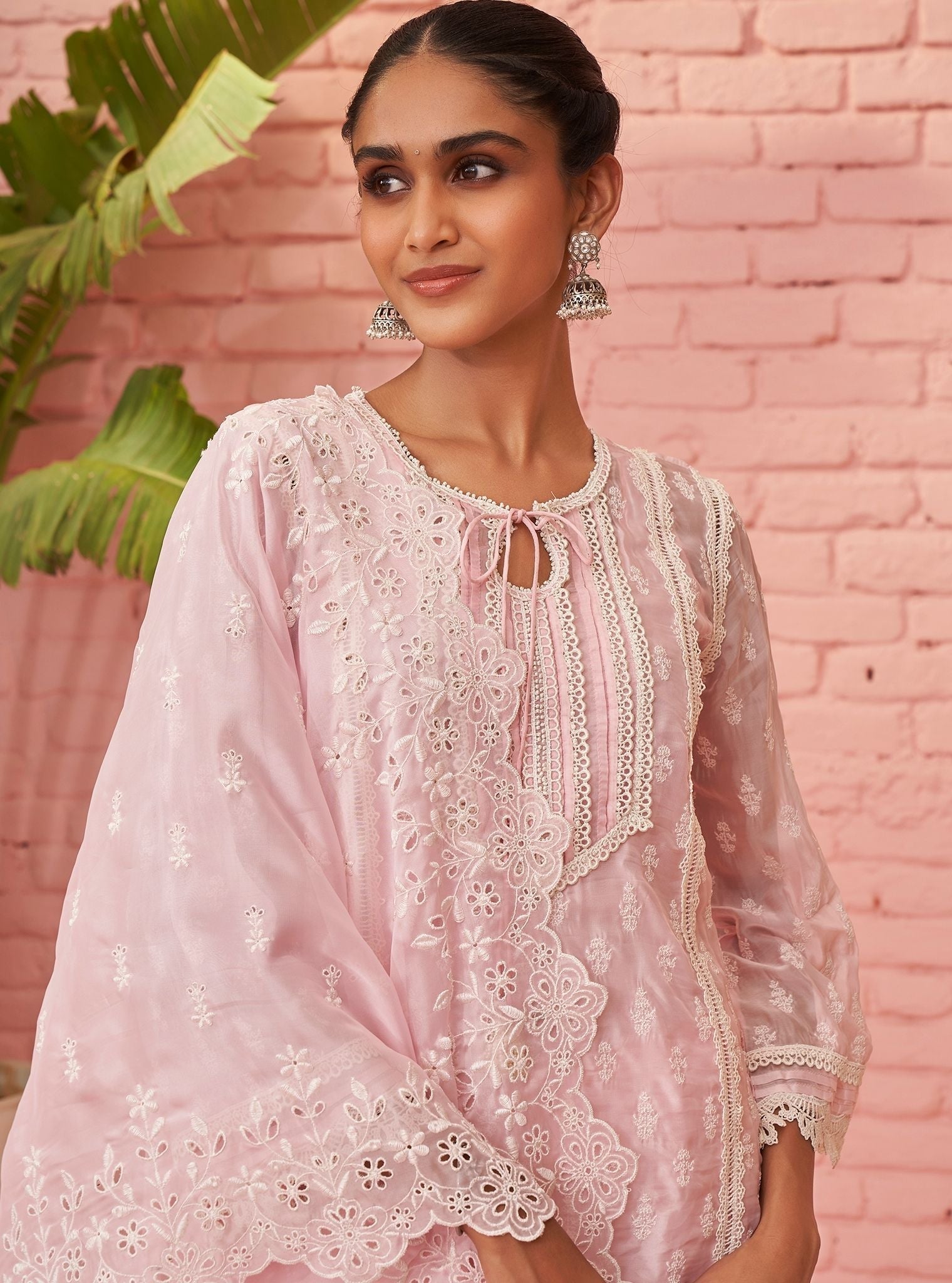 Mulmul Oganza Aarina Pink Kurta With Mulmul Cotton Aarina Pink Pant