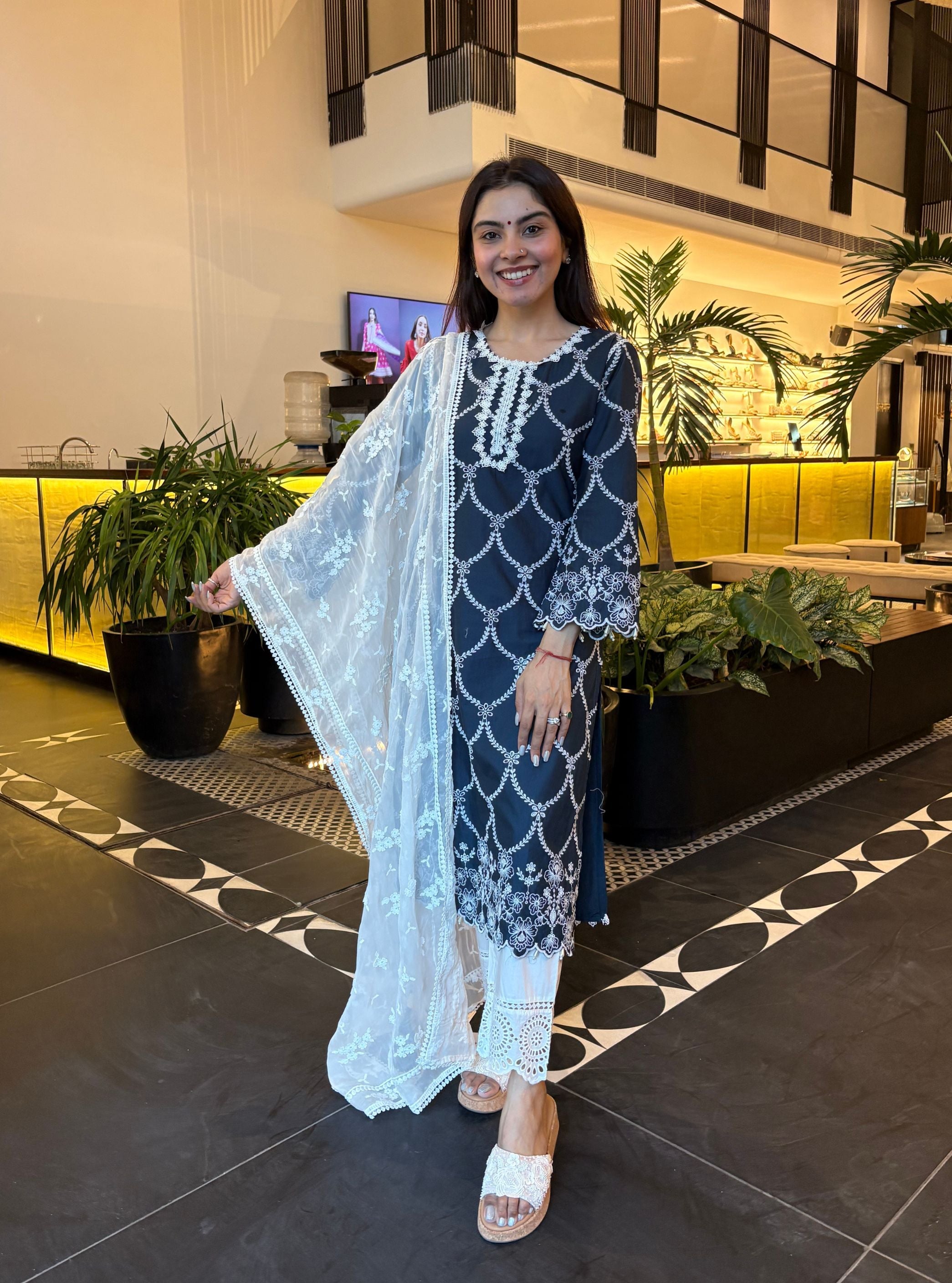 Aashay Supima Cotton Navy Kurta With Eyelet Supima Cotton White Pant