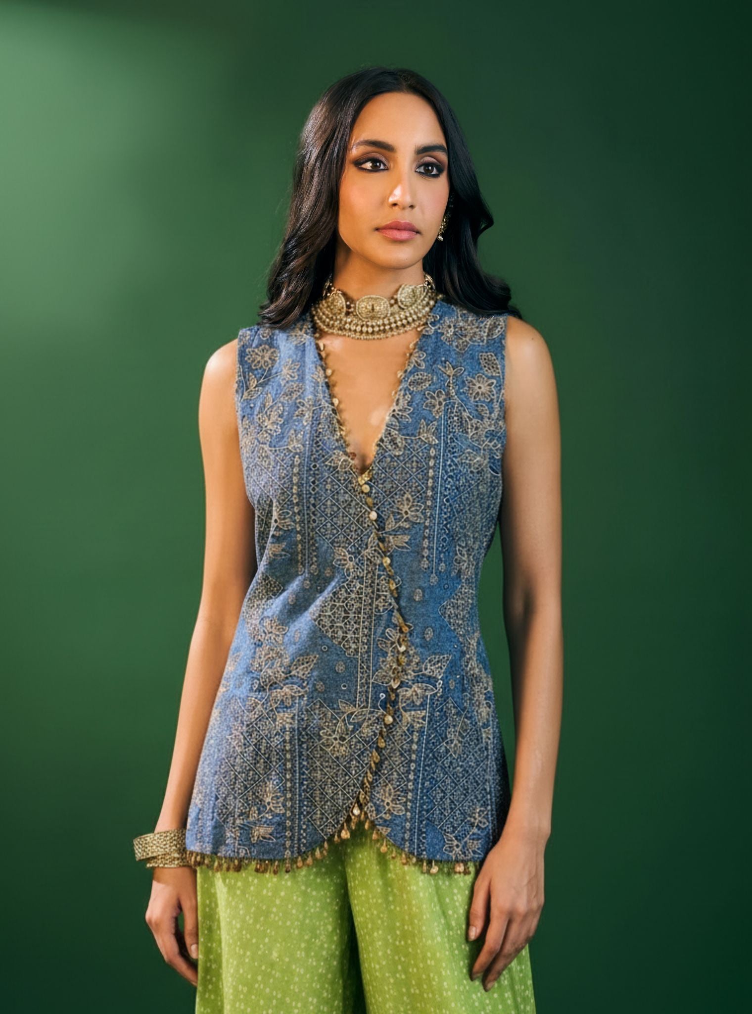 Lunira Denim Waistcoat With Cupro Satin Printed Sage Green Pant
