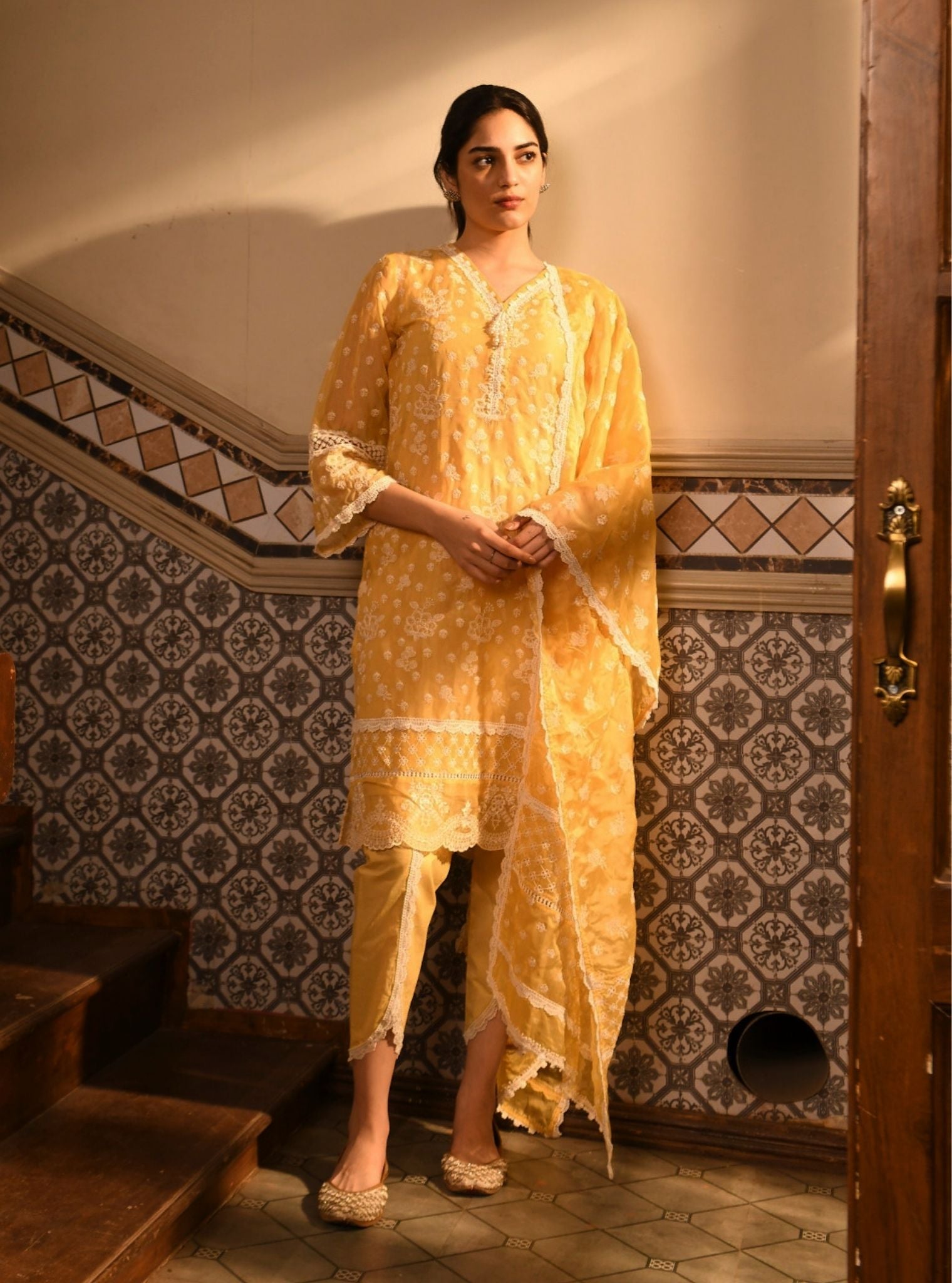 Mulmul Organza Aylin Yellow Kurta With Mulmul Cotton Aylin Yellow Dhoti Pant