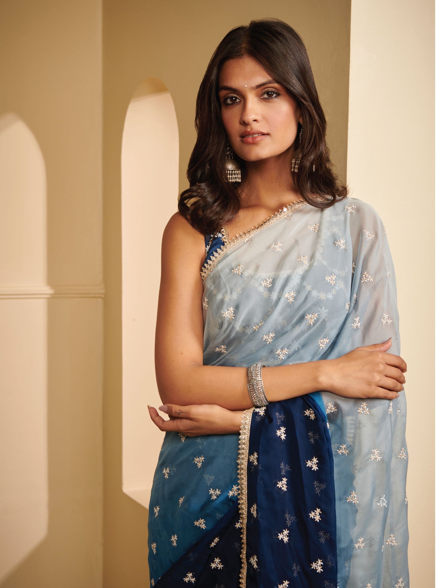 Ombre Dhiti Organza Navy Saree