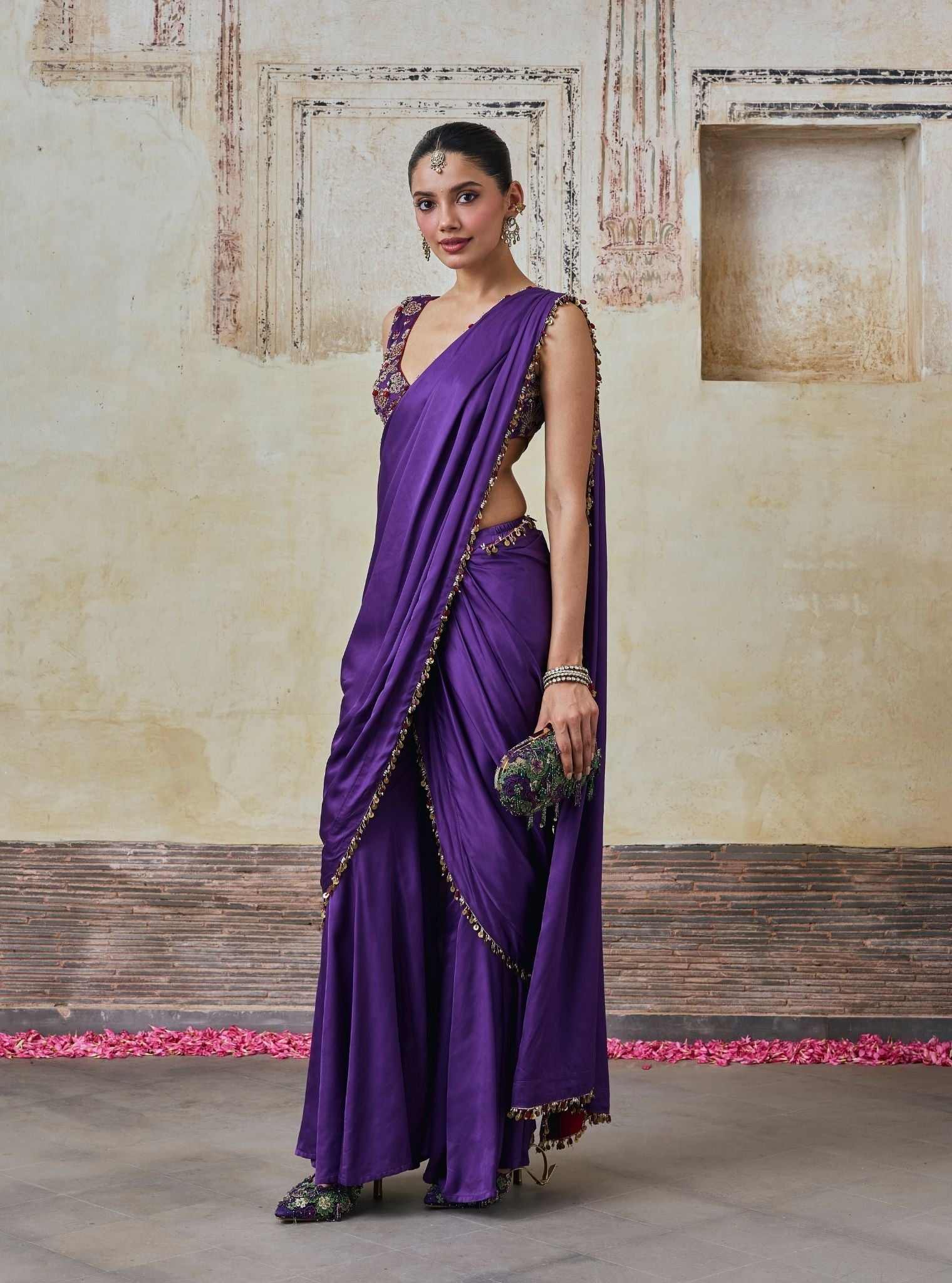 Saawari Cupro Satin Purple Pre-draped Saree