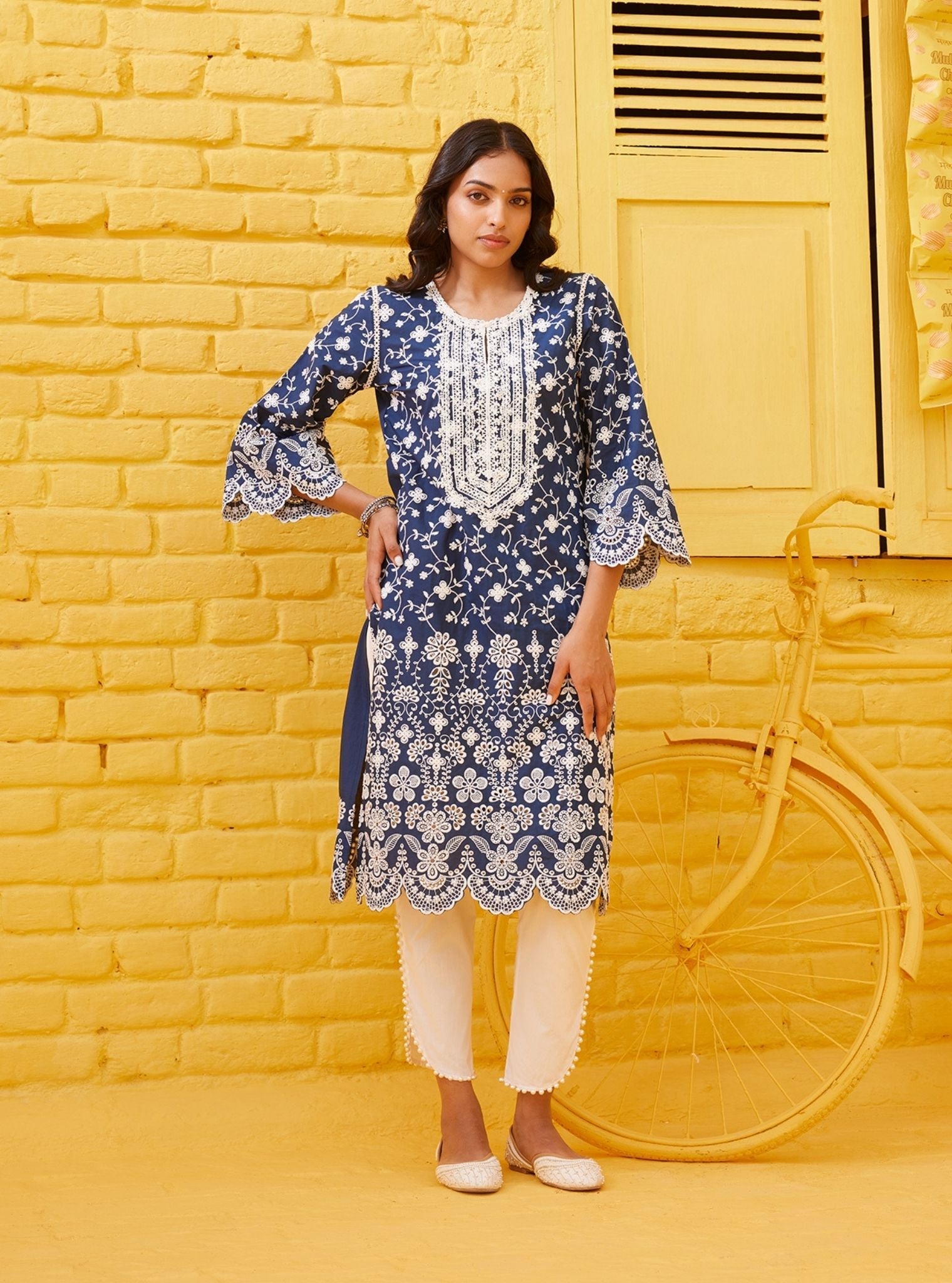 Mulmul Cotton Gauri Navy Kurta