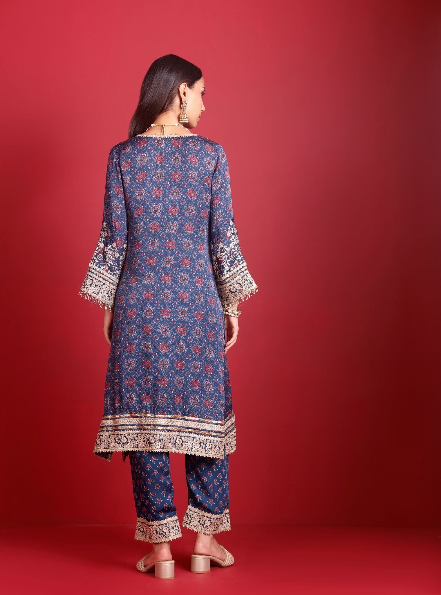 Sunheri Cupro Satin Navy Ajrakh Print Kurta Set