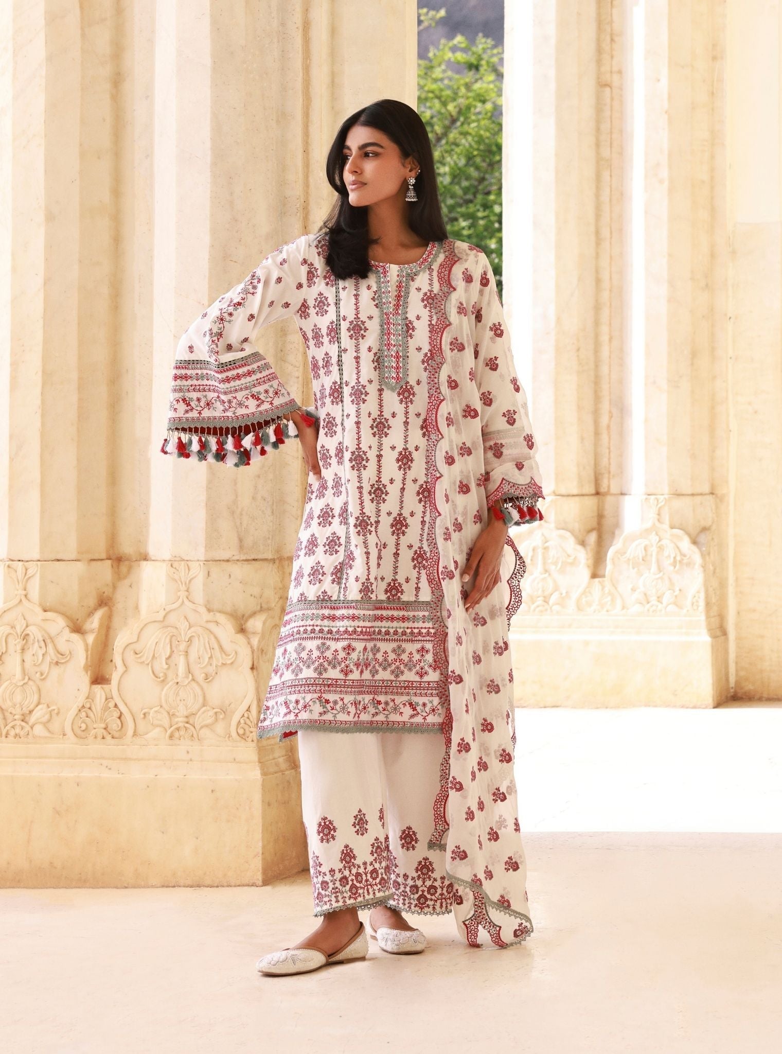 Lomeya White & Fuschia Kurta Set