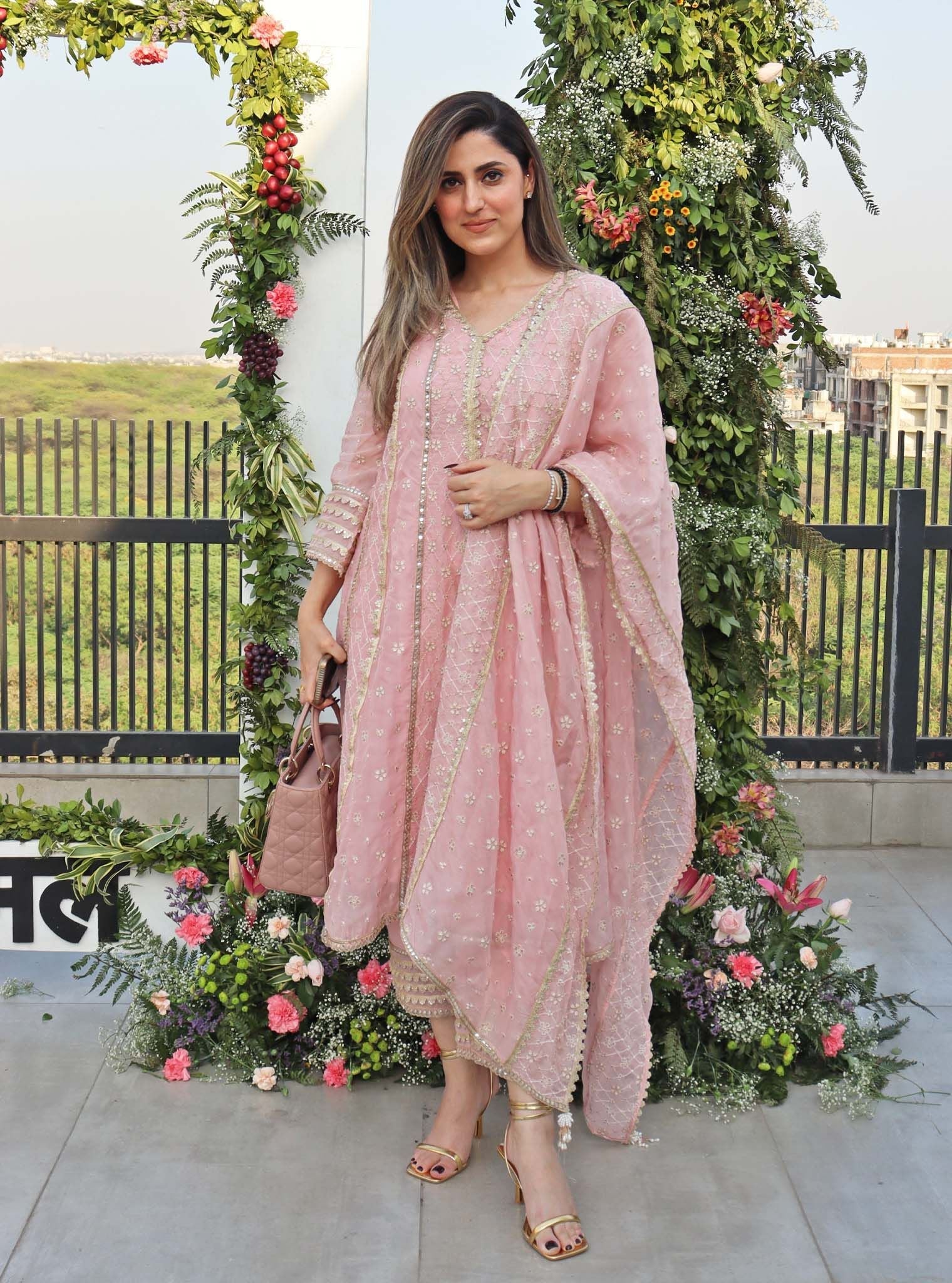 Mulmul Organza Palmer Light Pink Anarkali Kurta With Mulmul Pima Palmer Light Pink Pant