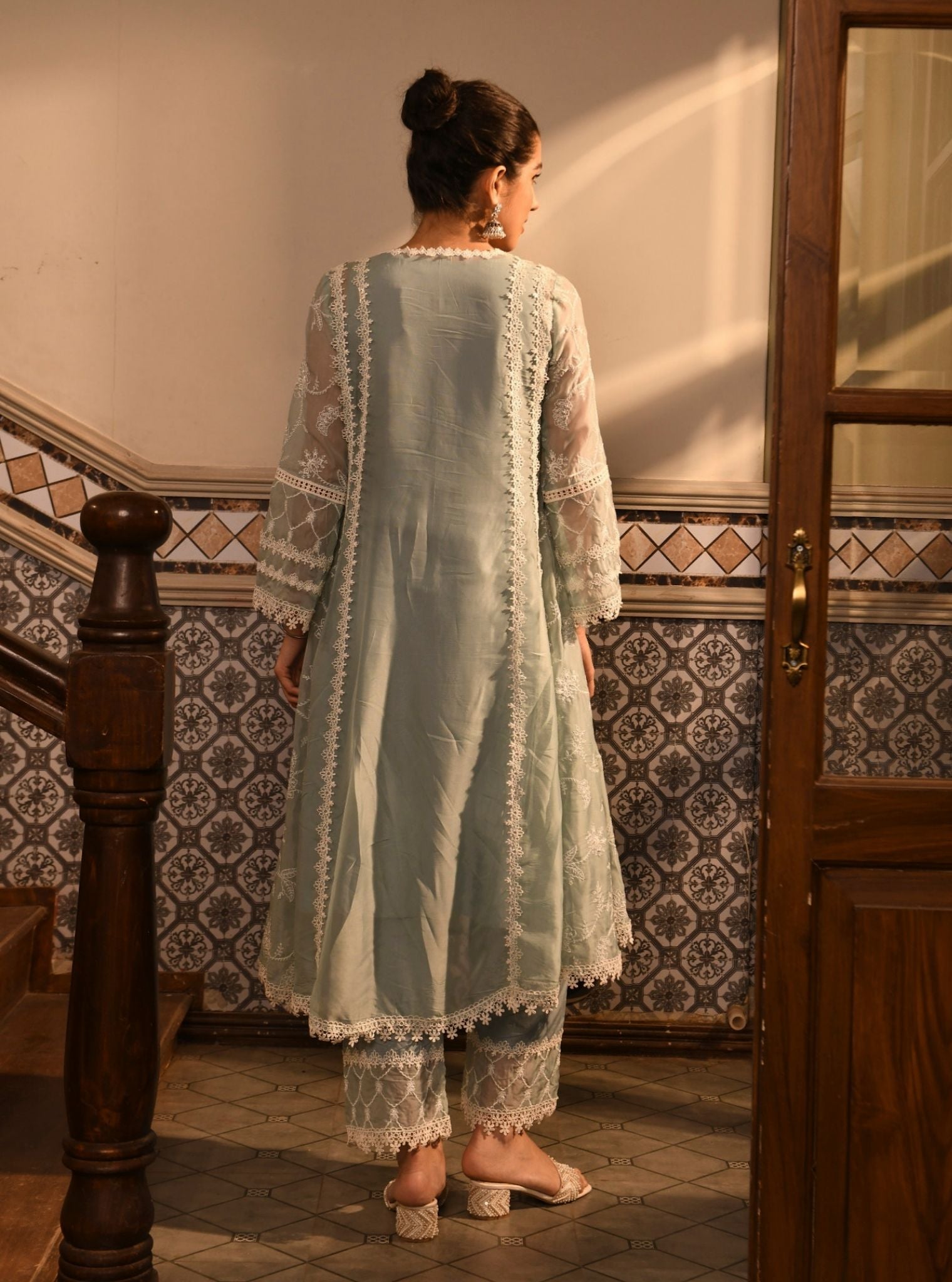 Mulmul Organza Barsin Teal Blue Anarkali Kurta With Mulmul Cotton Barsin Teal Blue Pant