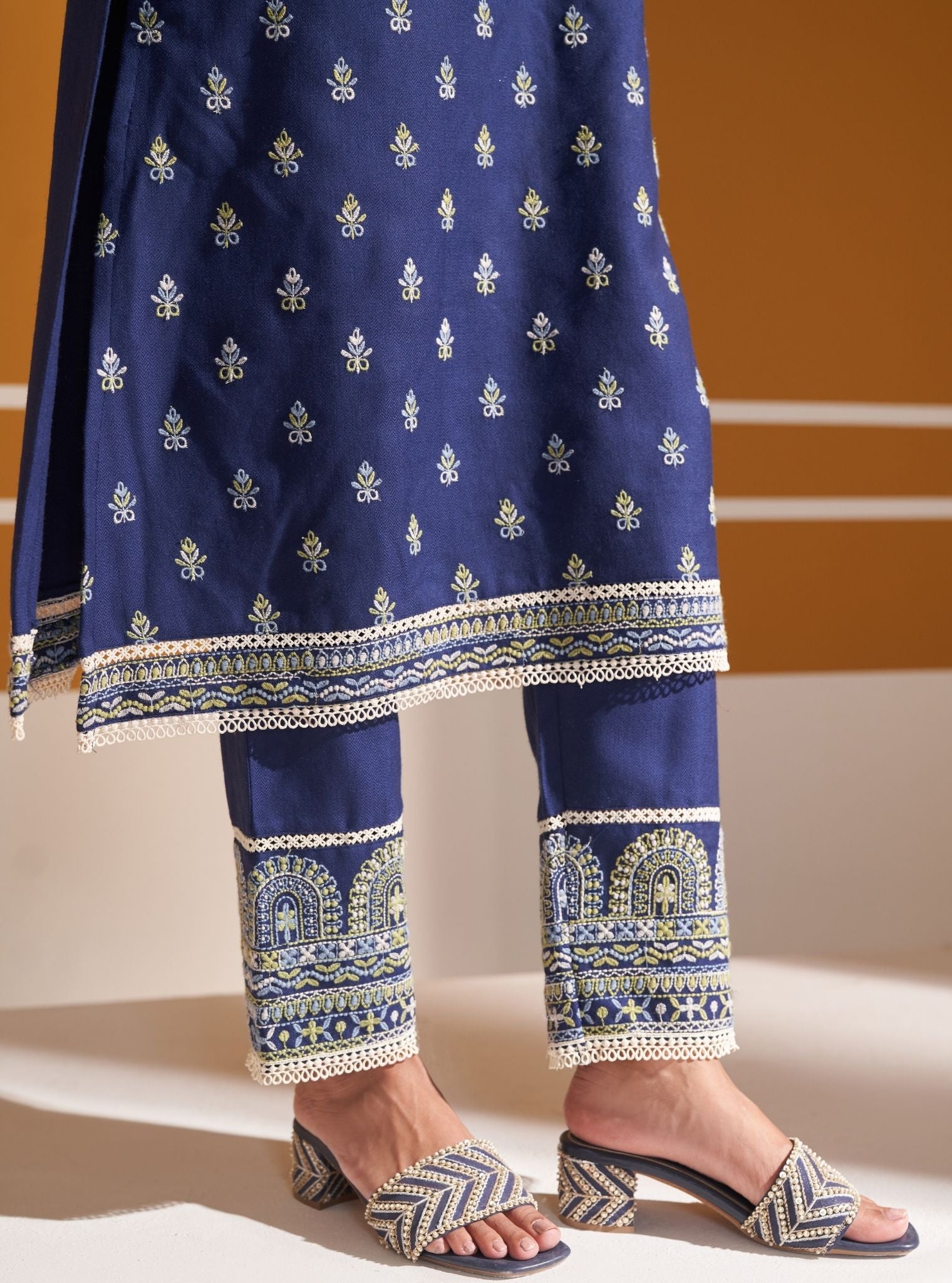 Mulmul Wool Wren Navy Kurta With Mulmul Wool Wren Navy Pant