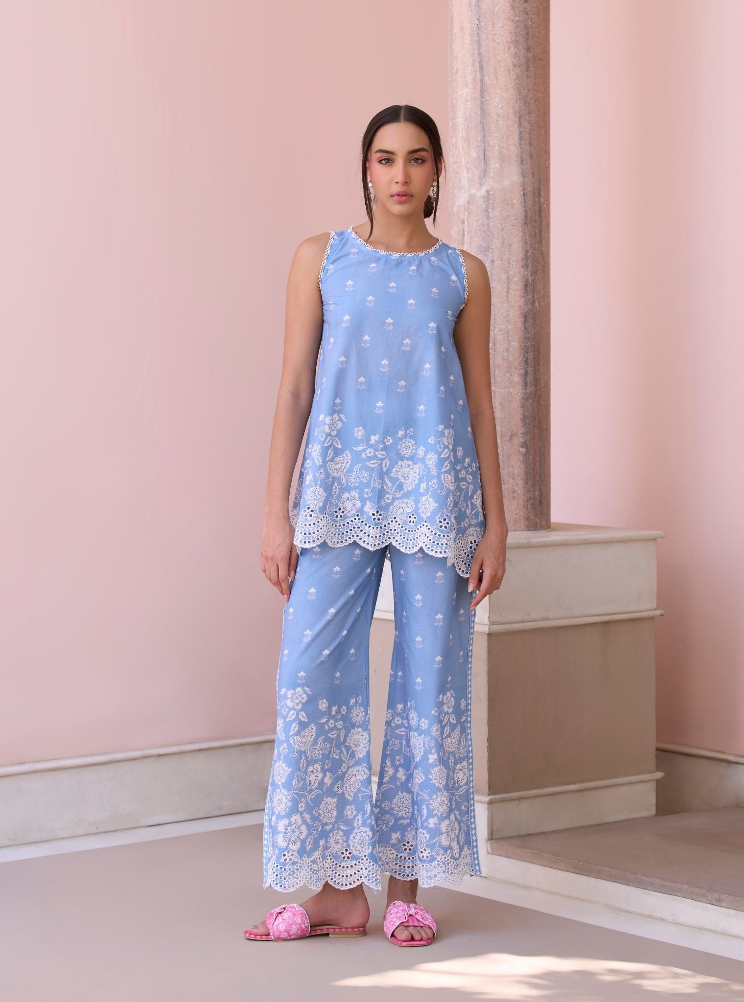Zeenat Steel Blue Mulmul Cotton Top Set