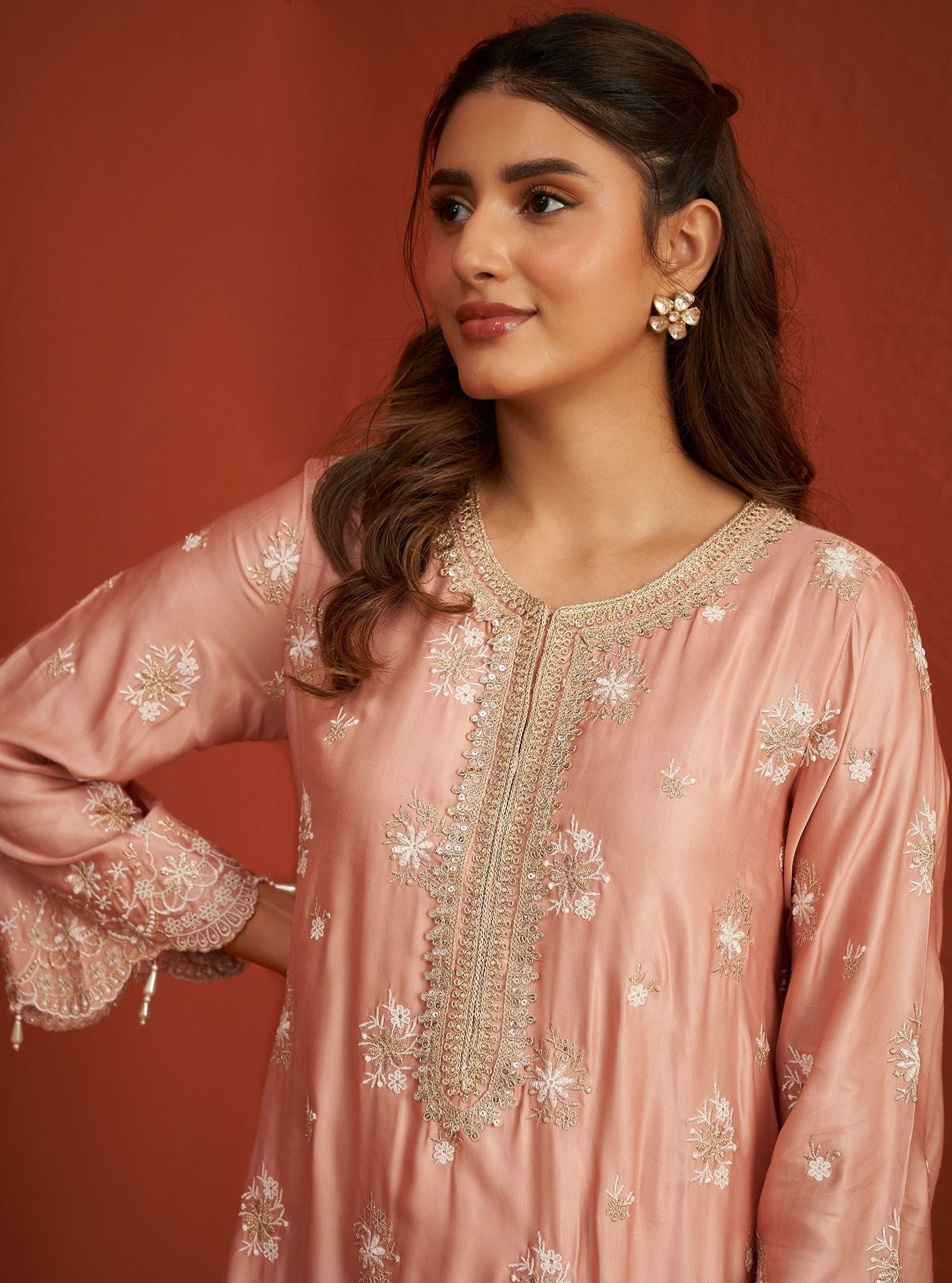 Mulmul Cupro Satin Kangna Pink Kurta With Mulmul Cupro Satin Kangna Pink Pant