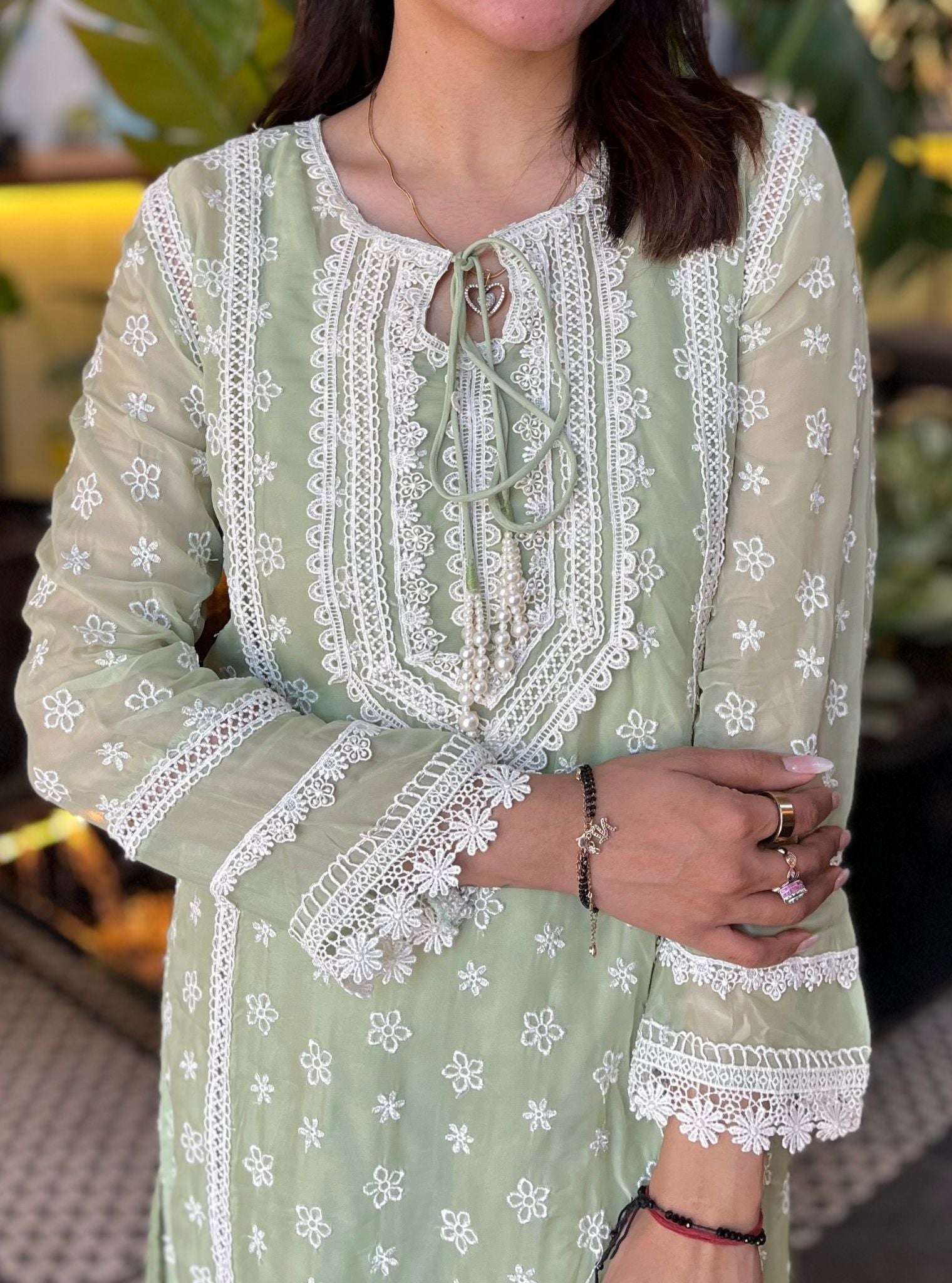 Mulmul Organza Pierro Green Kurta With Mulmul Cotton Pierro Green Pant