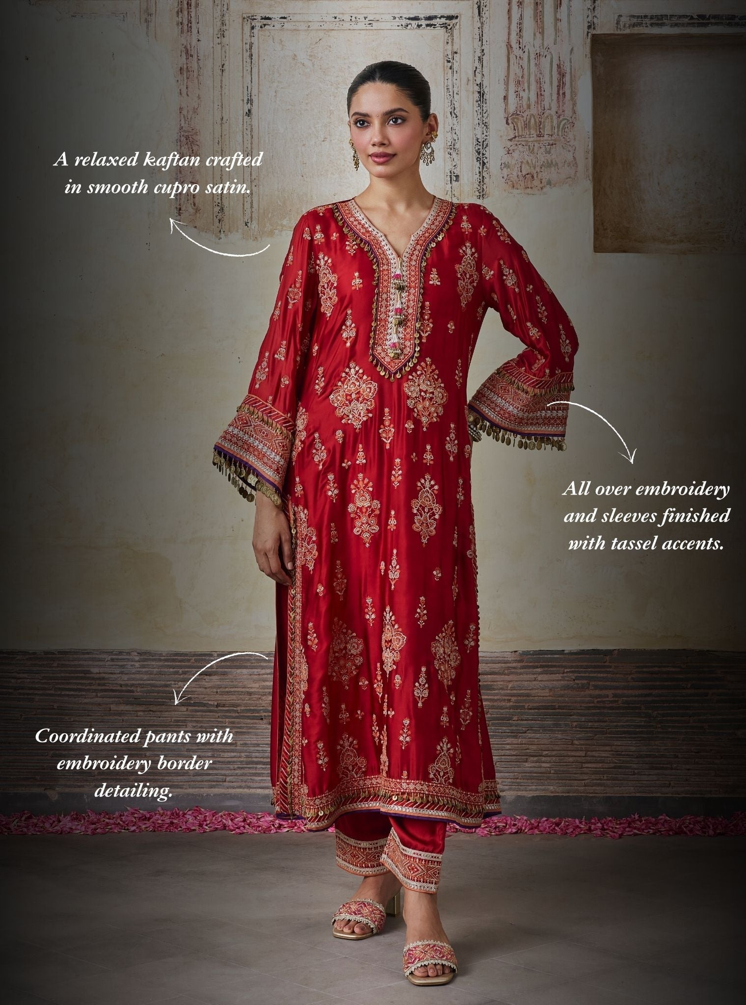 Koyal Cupro Satin Red Kaftan Set