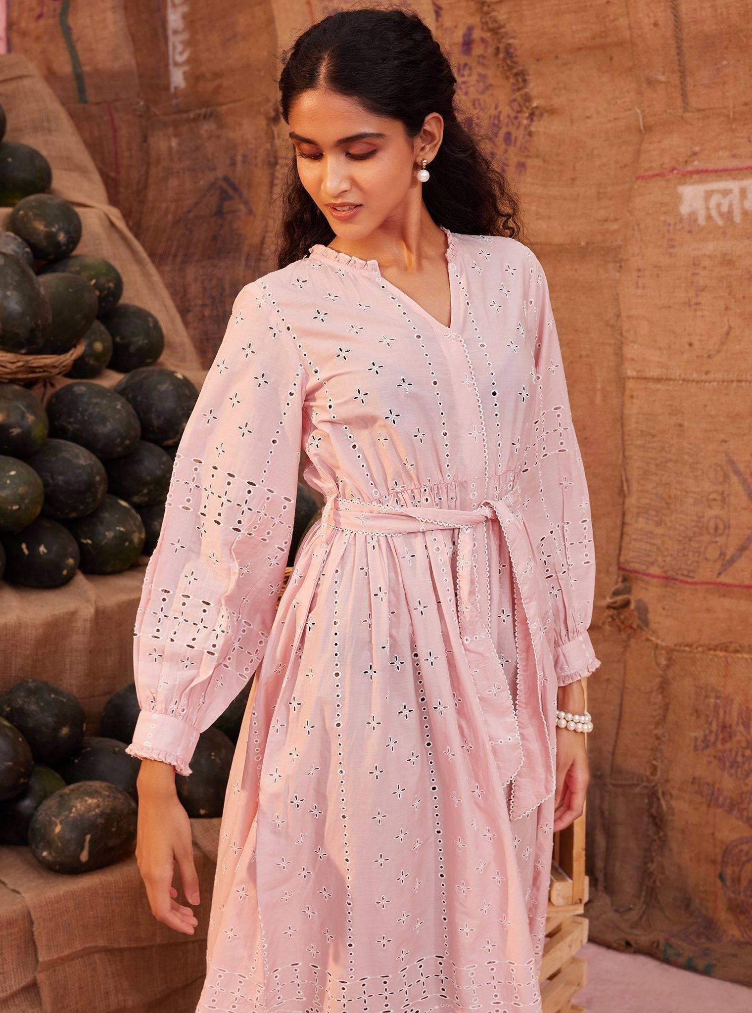 Mulmul Cotton Emy Light Pink Long Dress