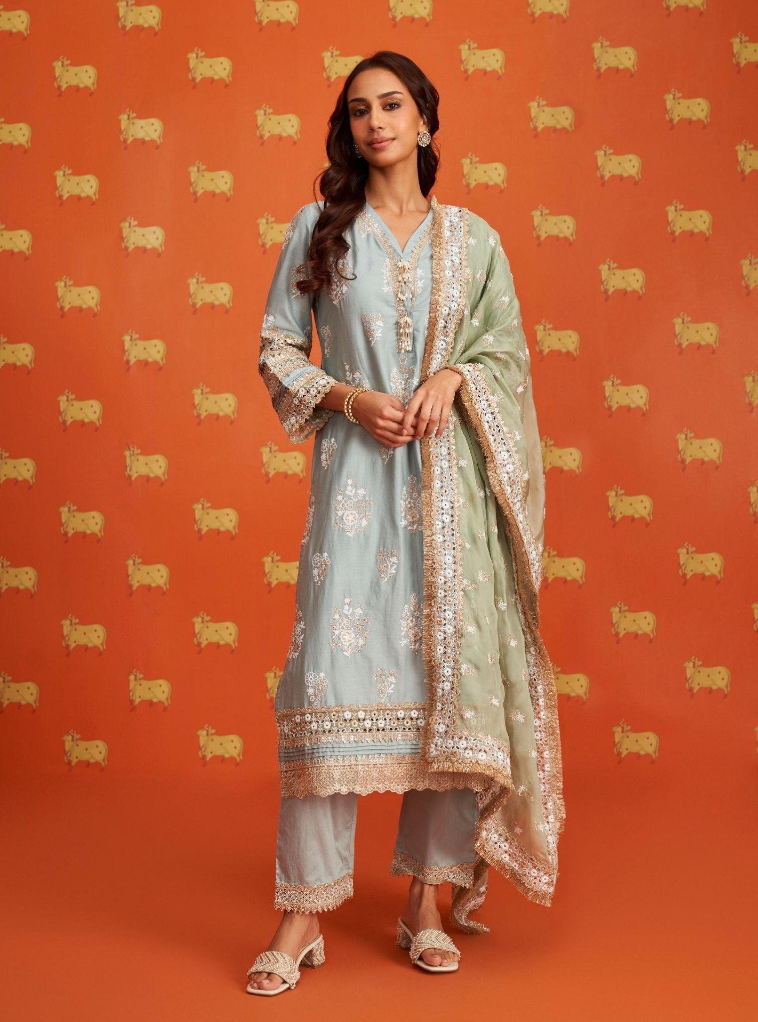 Mulmul Pima Satin Nalin Light Blue Kurta With Mulmul Pima Satin Nalin Light Blue Pant