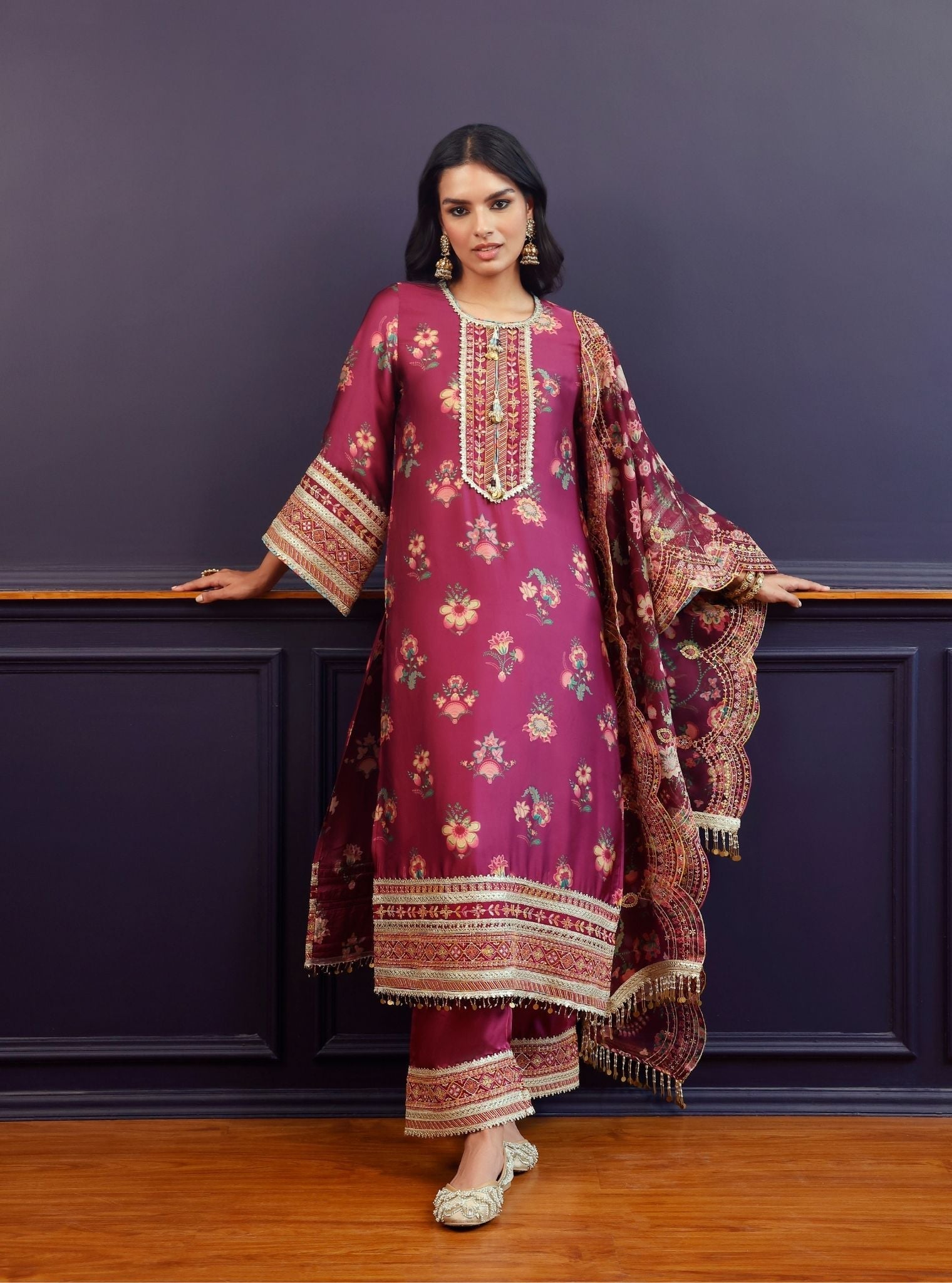 Ovia Cupro Satin Printed Wine Kurta & Pant Set