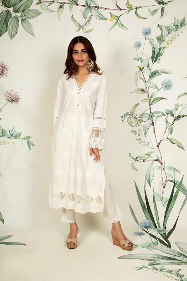 Petunia Supima Cotton White Kurta Set