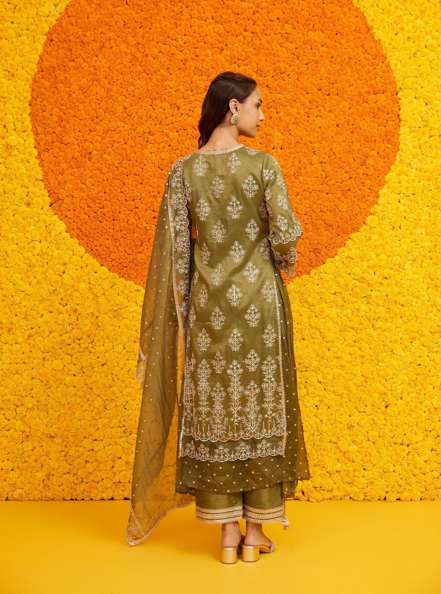 Mulmul Tissue Linen Satin Evelina Moss Green Kurta With Mulmul Tissue Linen Satin Evelina Moss Green Pant