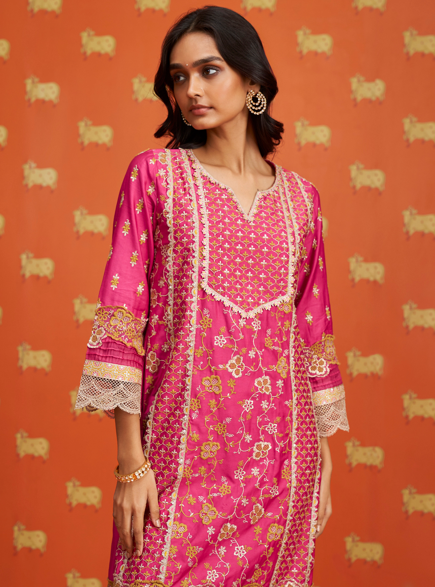 Mulmul Pima Satin Anchali Fuschia Kurta With Mulmul Pima Satin Anchali Fuschia Pant