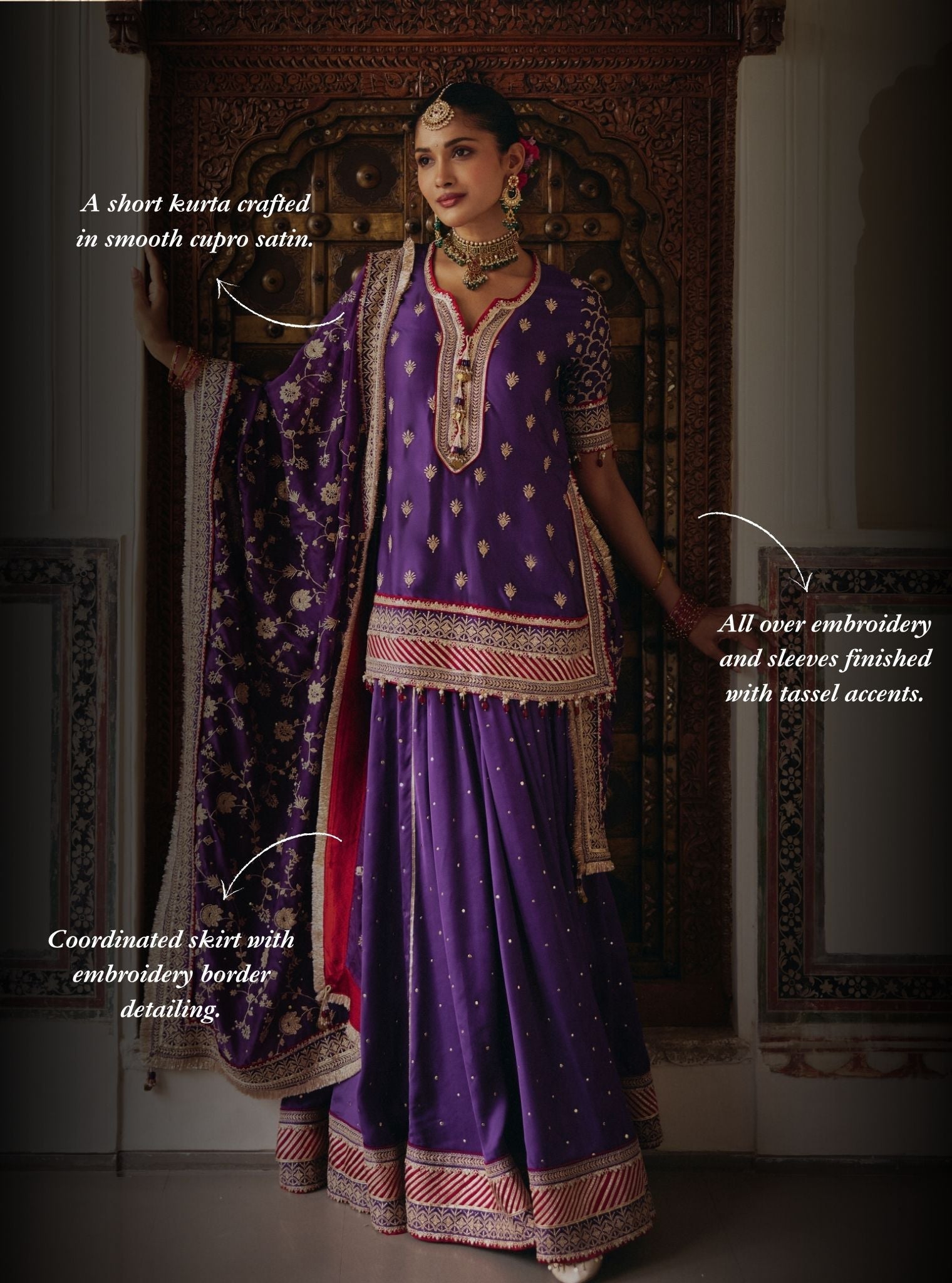 Talai Cupro Satin Purple Short Kurta with Lehenga