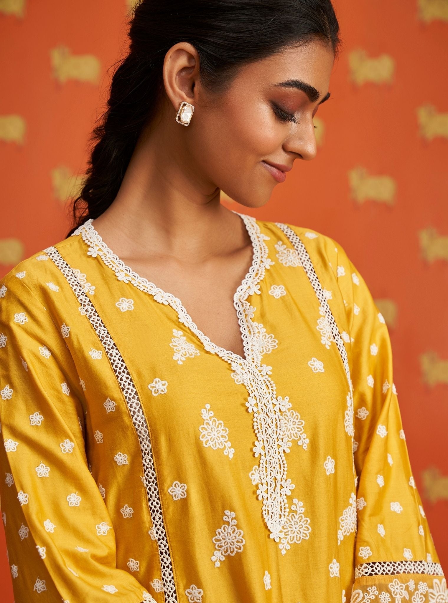 Mulmul Pima Satin Piti Yellow Kurta With Mulmul Pima Satin Piti Yellow Pant