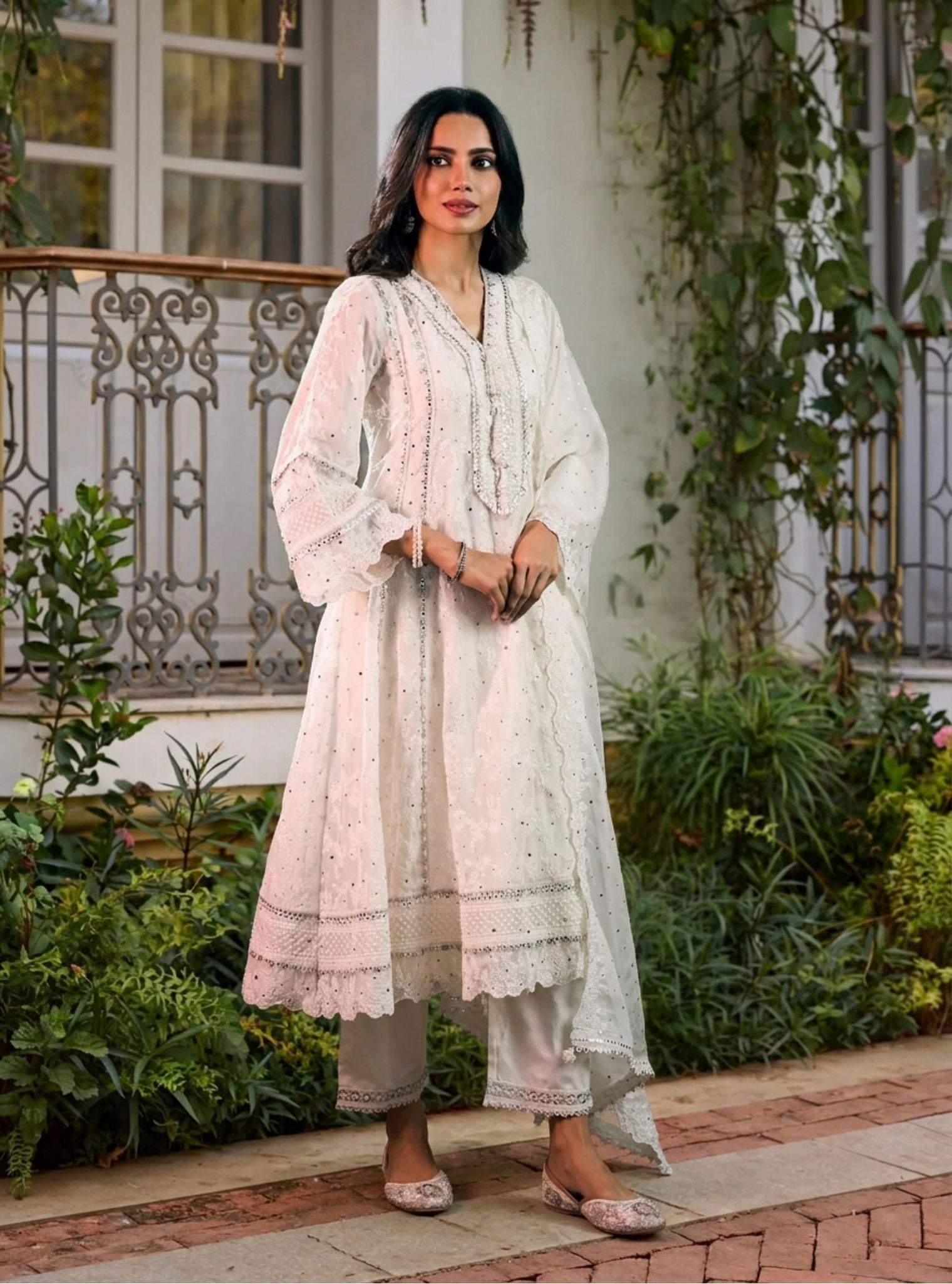 Rupa Organza Off White Anarkali Kurta with Pima Satin Off White Pant Set
