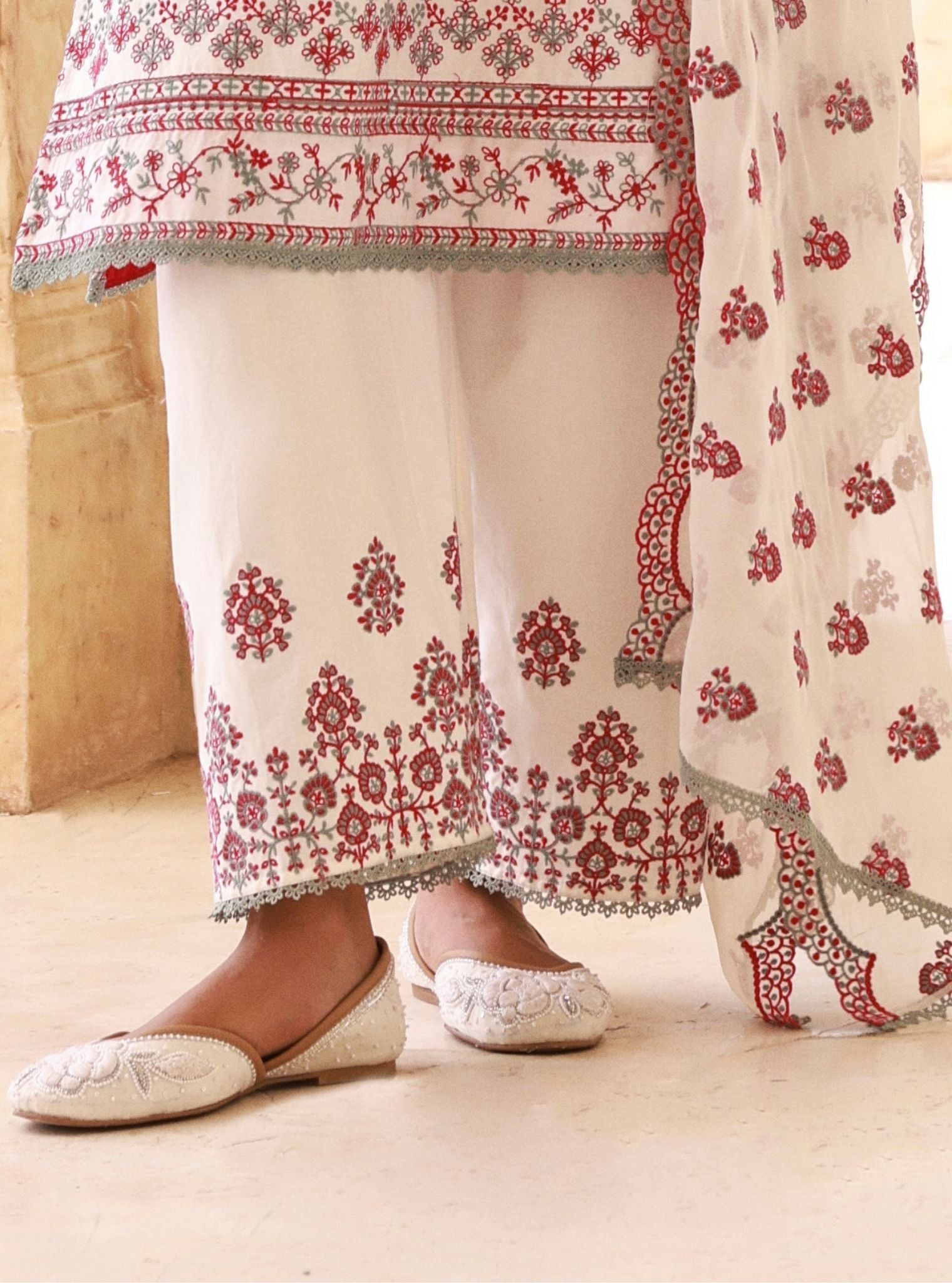 Lomeya White & Fuschia Kurta Set