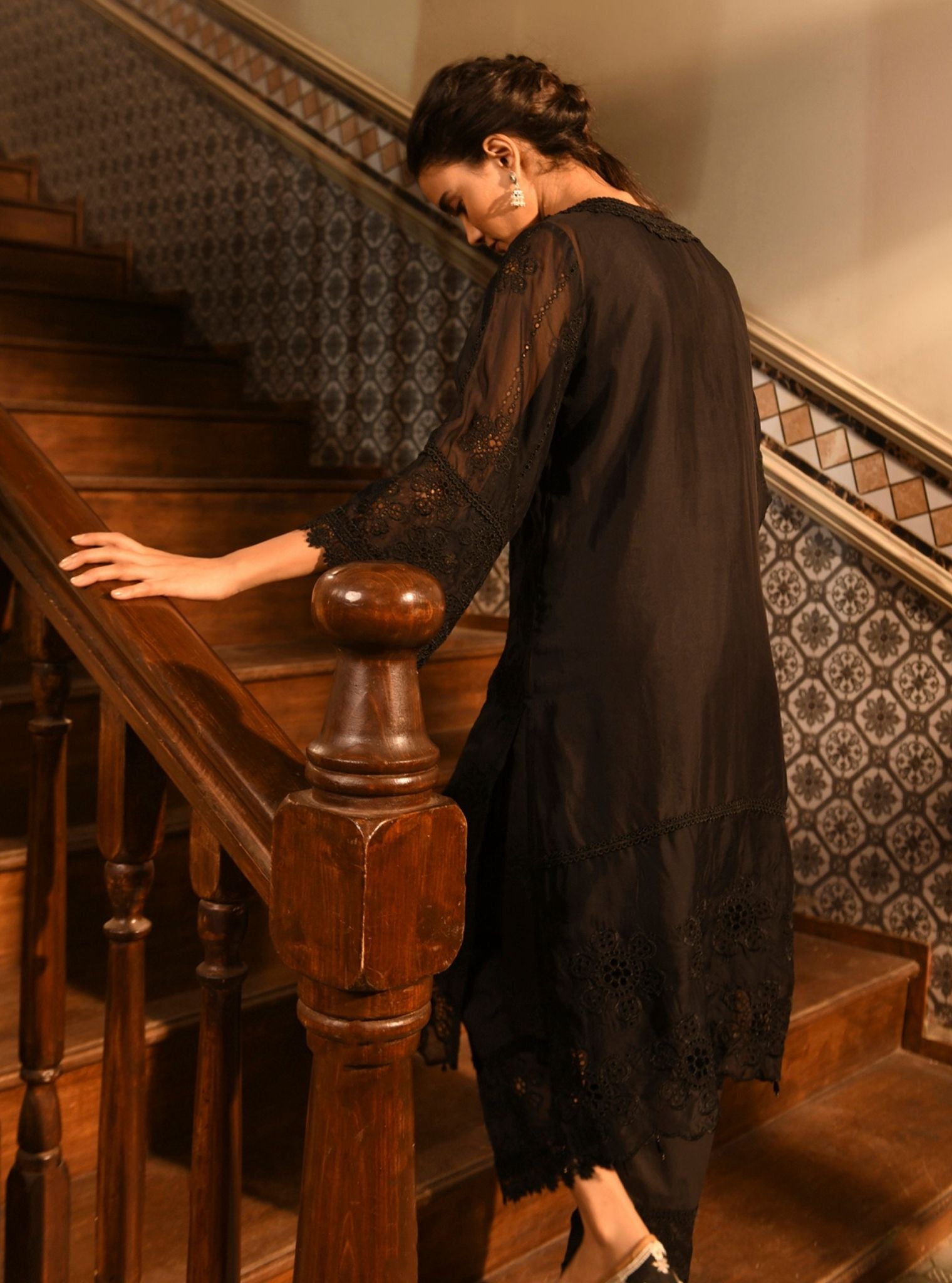 Mulmul Organza Bita Black Kurta With Mulmul Cotton Bita Black Pant