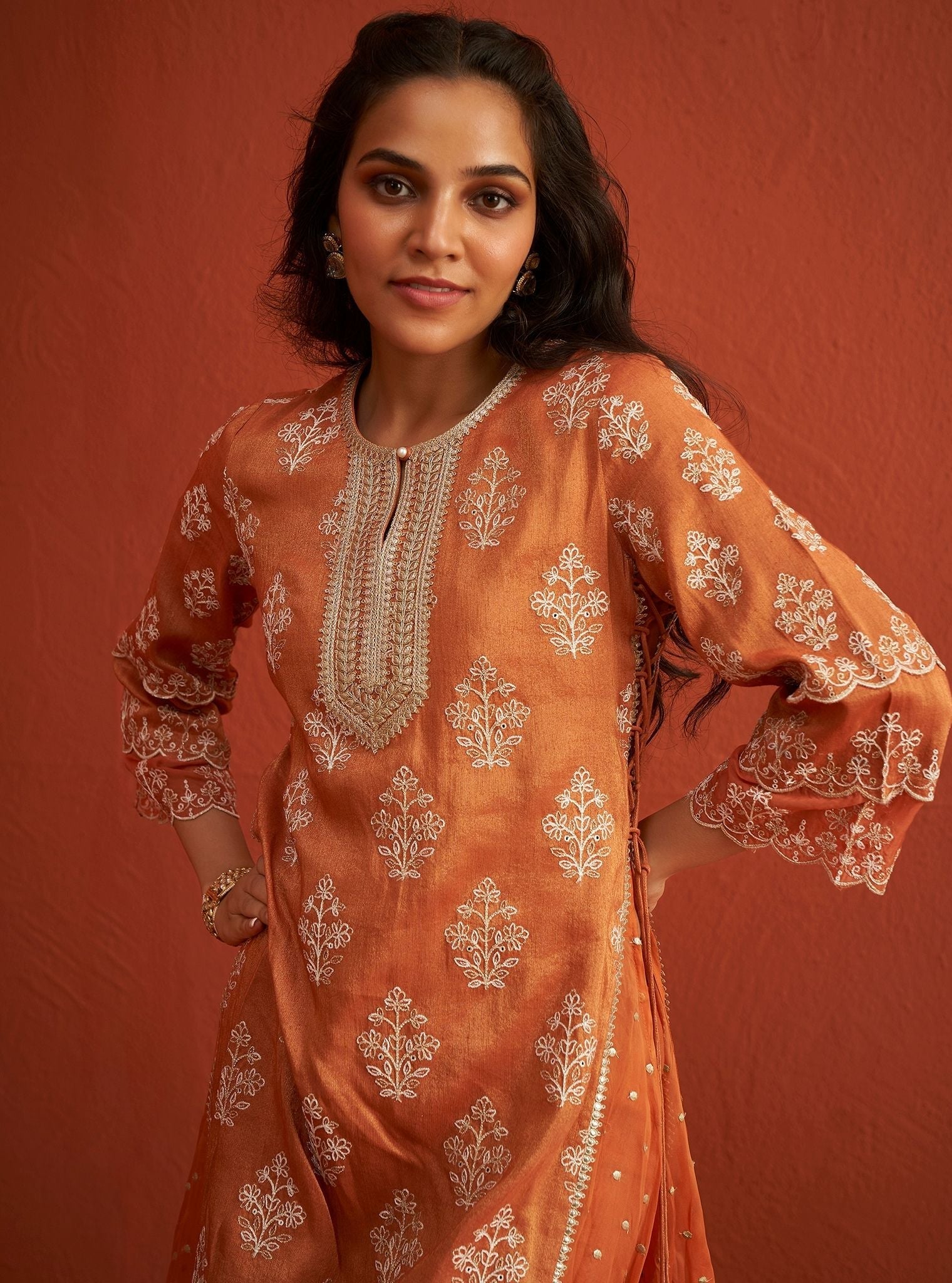 Mulmul Tissue Linen Satin Evelina Burnt Orange Kurta With Mulmul Tissue Linen Satin Evelina Burnt Orange Pant