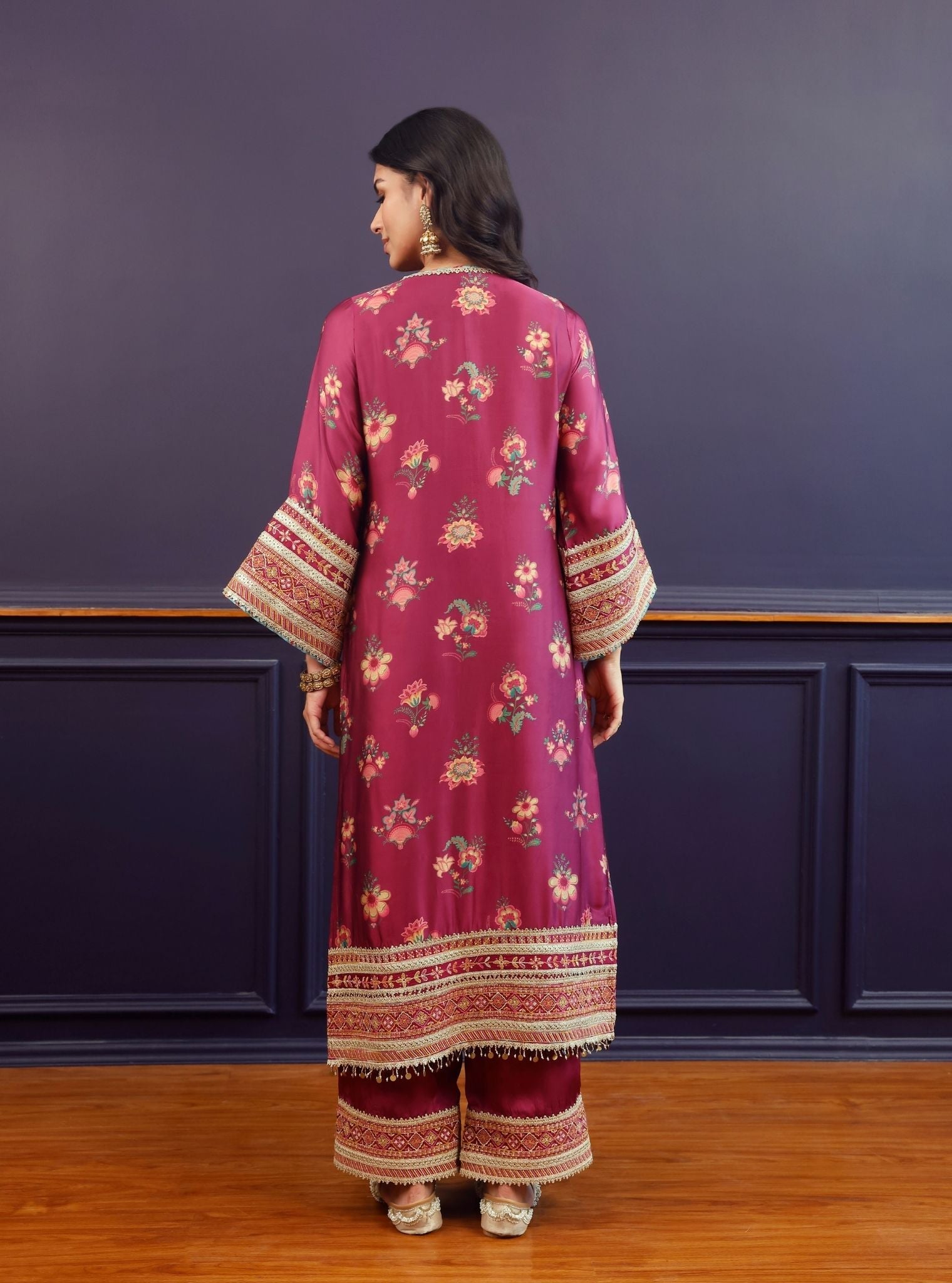 Ovia Cupro Satin Printed Wine Kurta & Pant Set