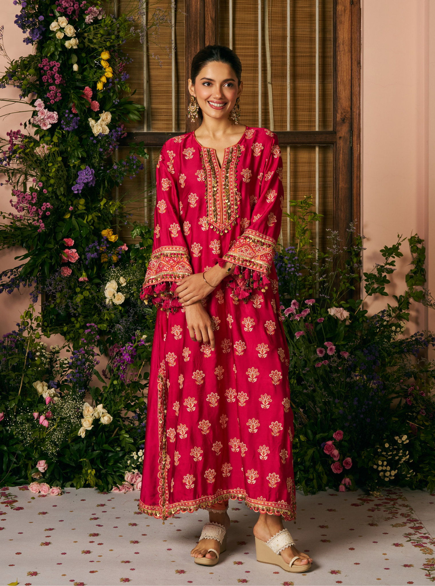 Chitra Cupro Satin Rani Pink Kaftan Set
