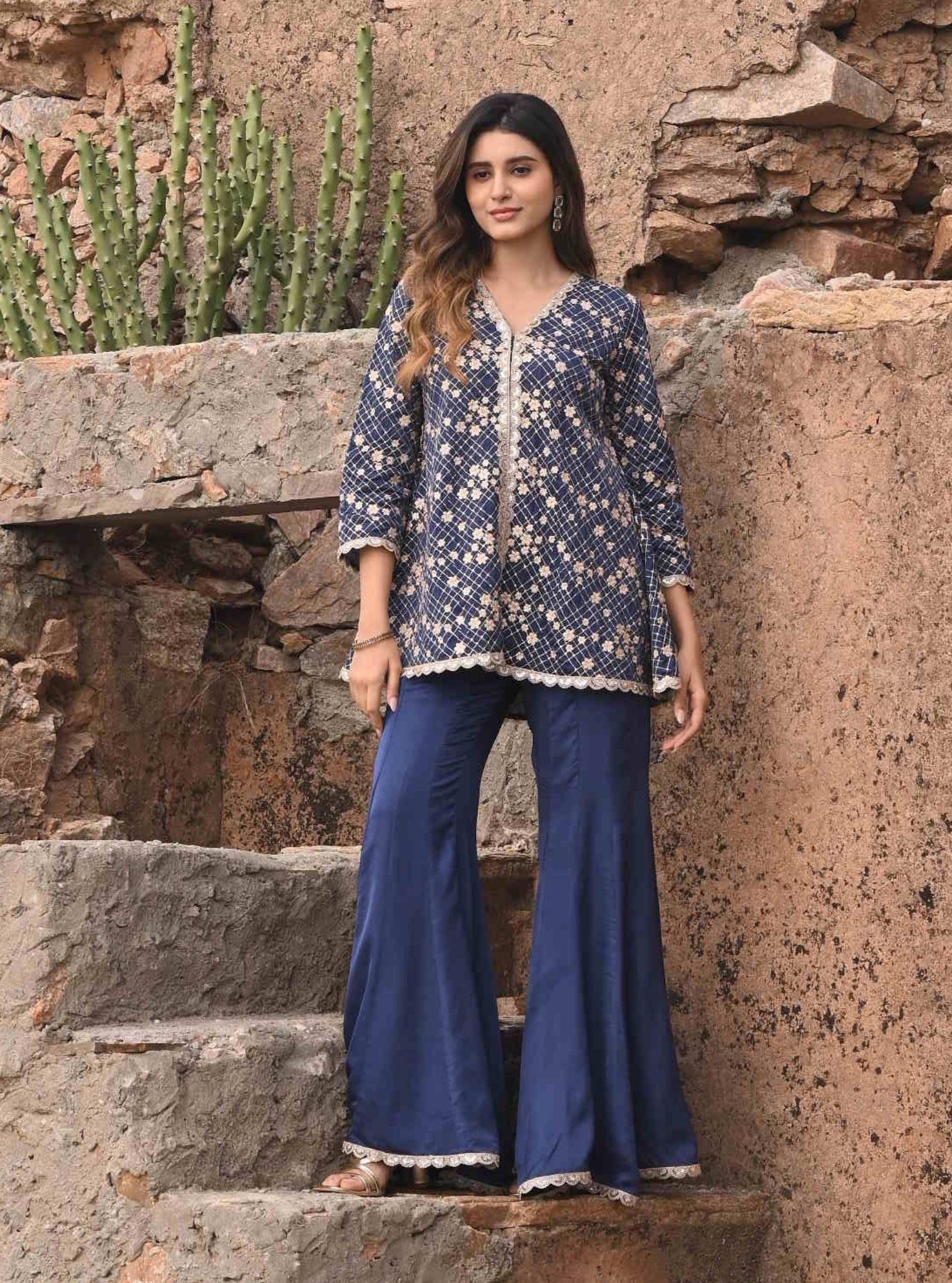 Afreen Organza Satin Navy Top with Sharara Set