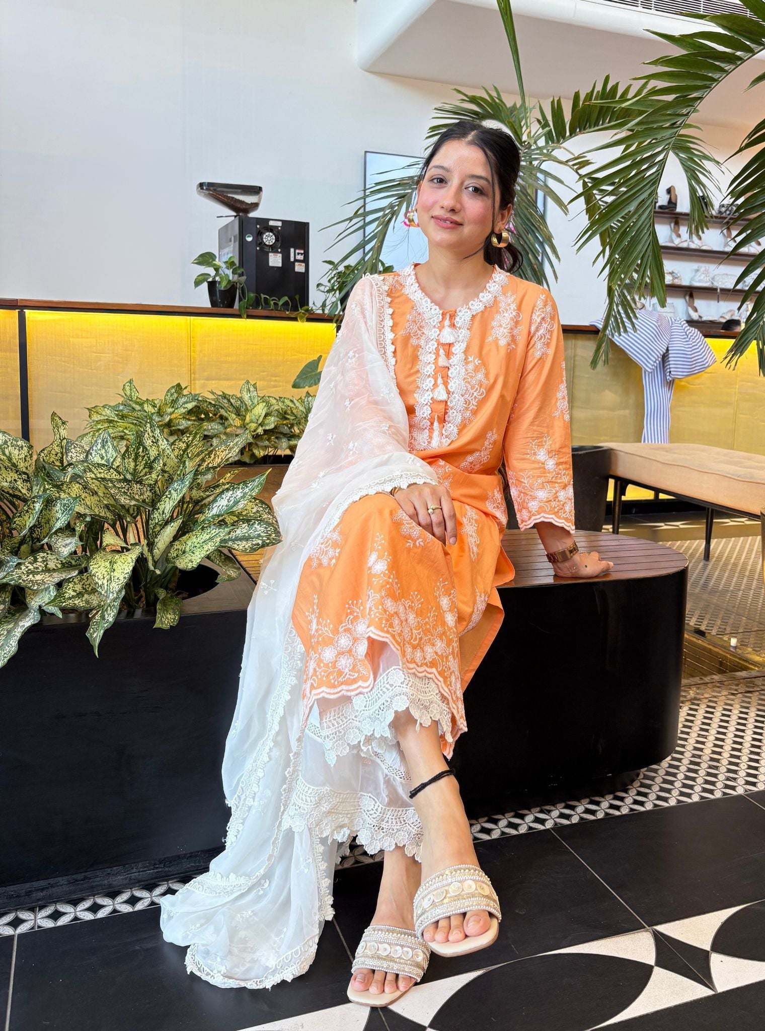 Perla Supima Cotton Orange Kurta with Floral Lace Flared White Pant Set