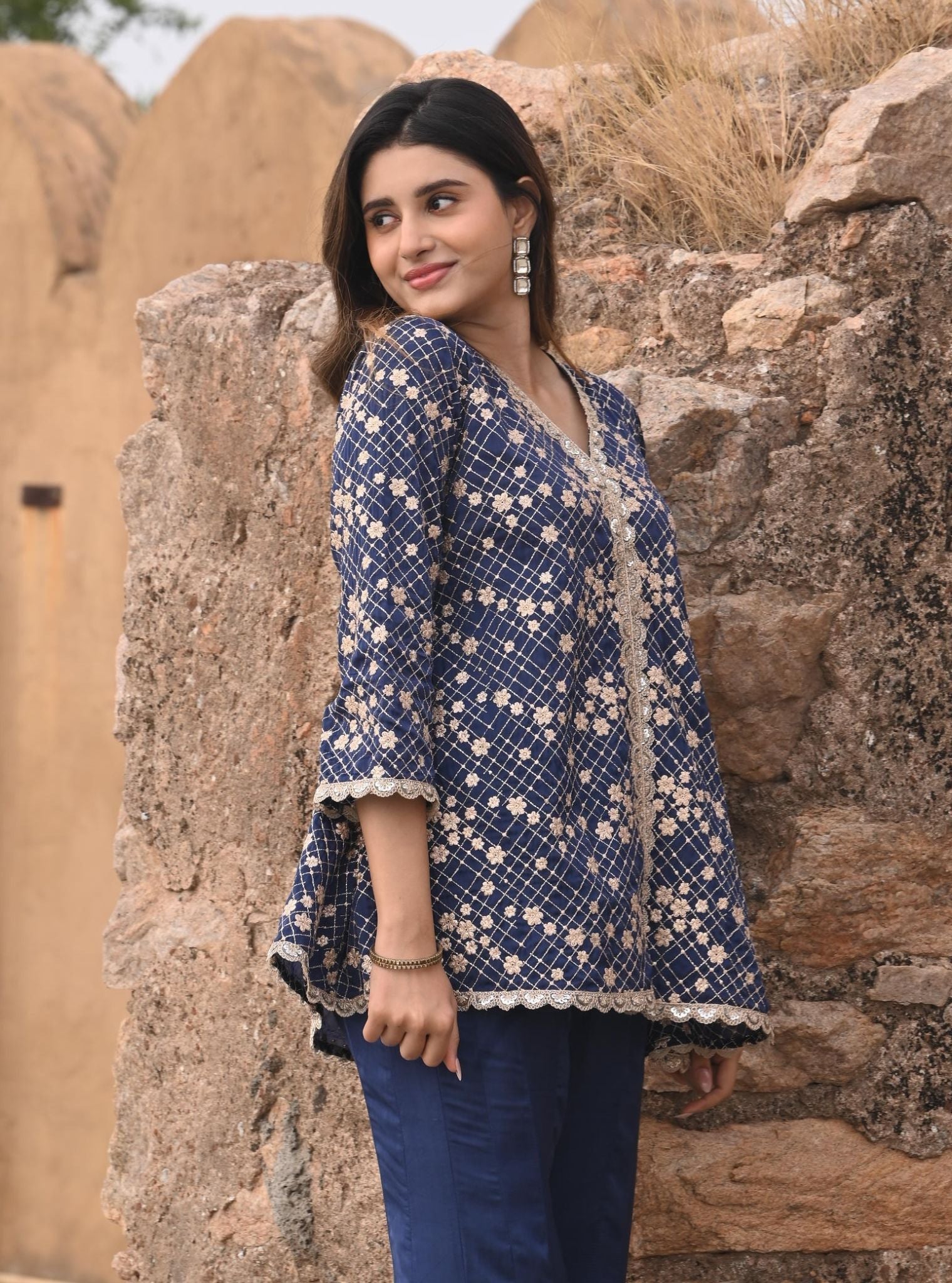 Afreen Organza Satin Navy Top with Sharara Set