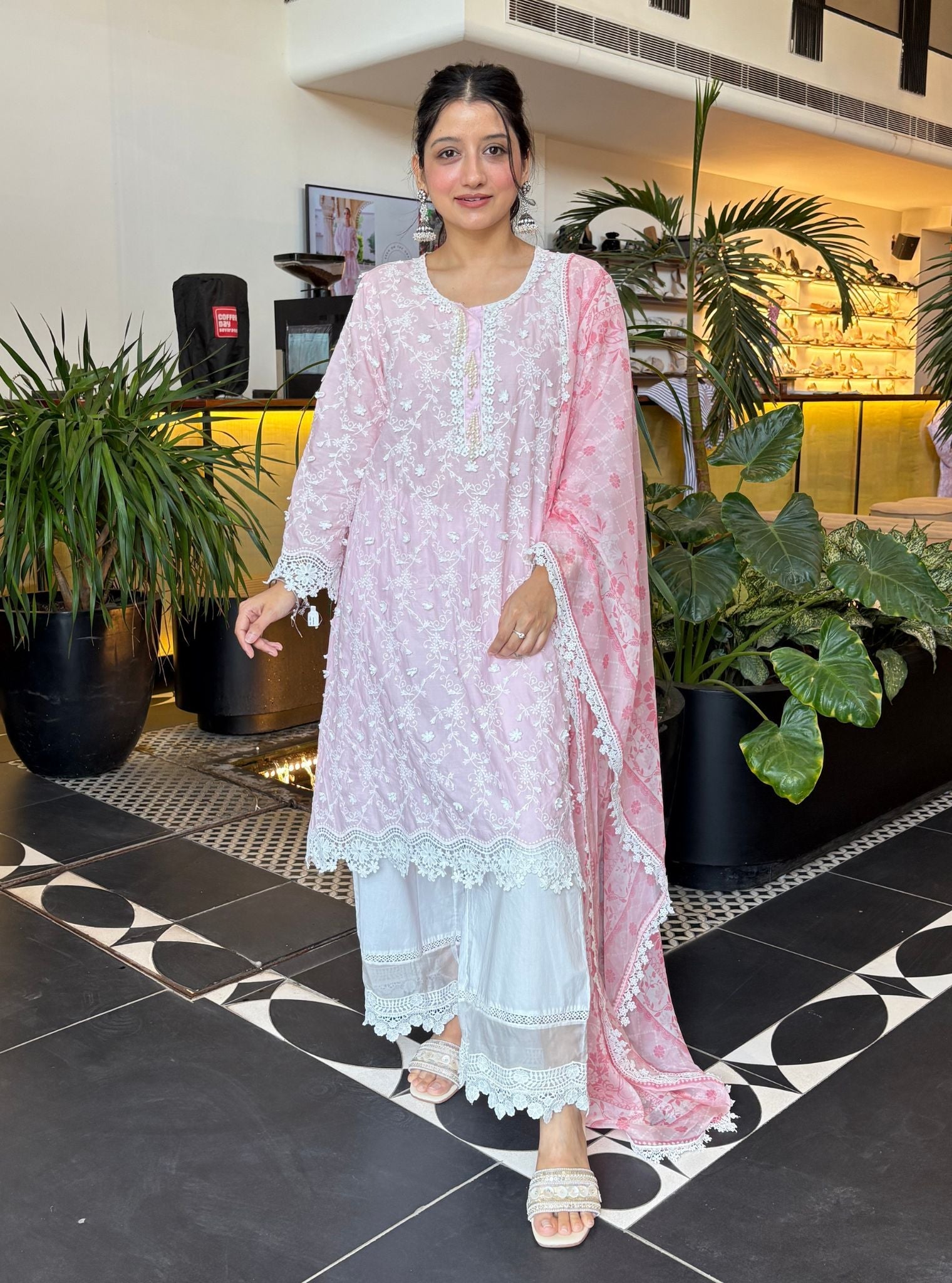 BayBreeze Supima Cotton Pink Kurta with Floral Lace Flared White Pant Set