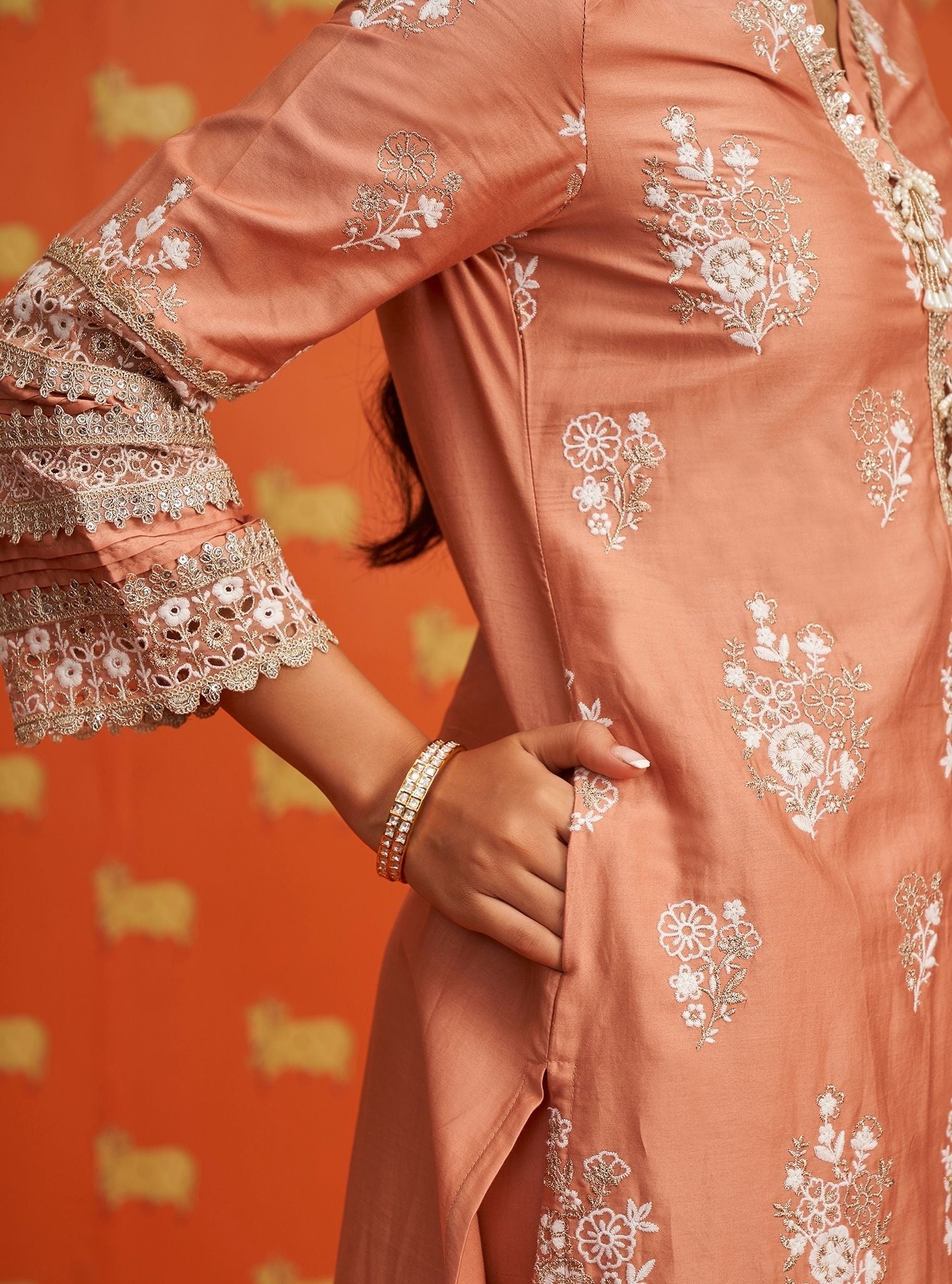 Mulmul Pima Satin Nalin Peach Kurta With Mulmul Pima Satin Nalin Peach Pant