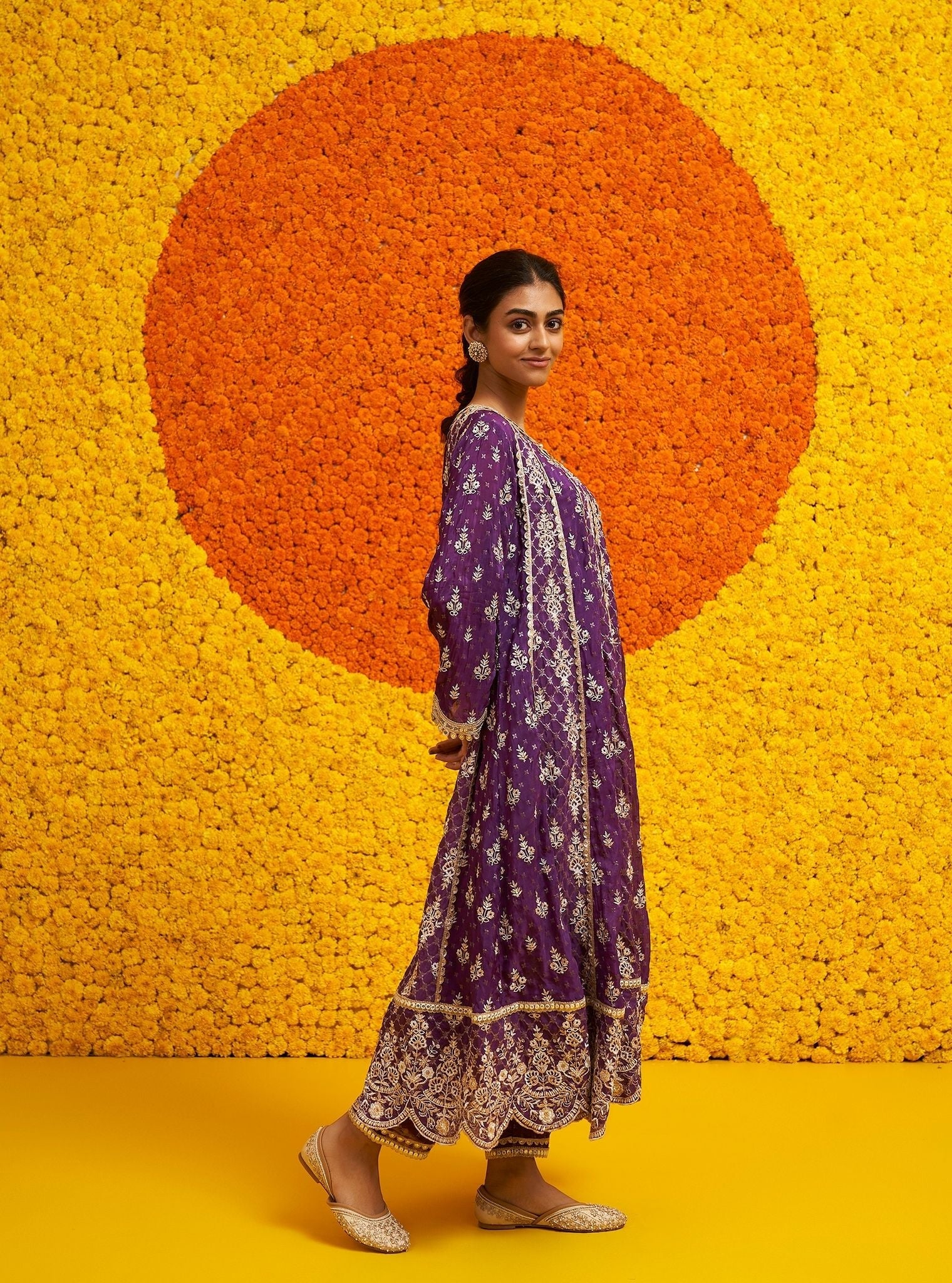 Mulmul Banarsi Chalka Purple Anarkali Kurta With Mulmul Banarsi Chalka Purple Pant