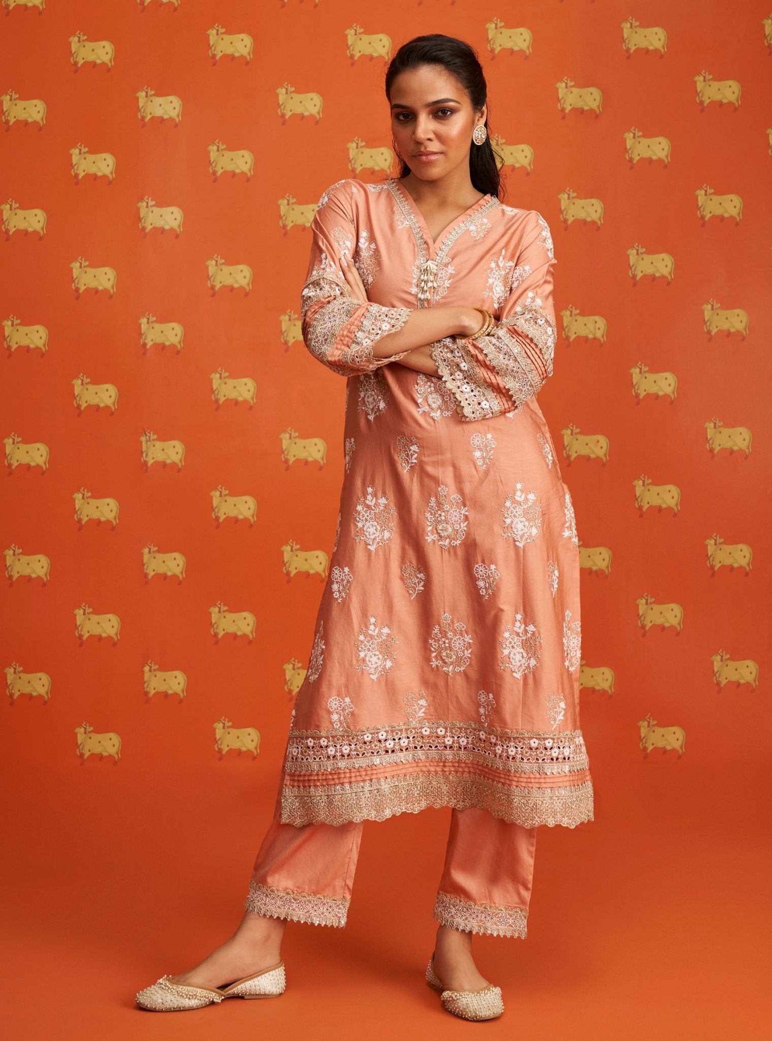 Mulmul Pima Satin Nalin Peach Kurta With Mulmul Pima Satin Nalin Peach Pant