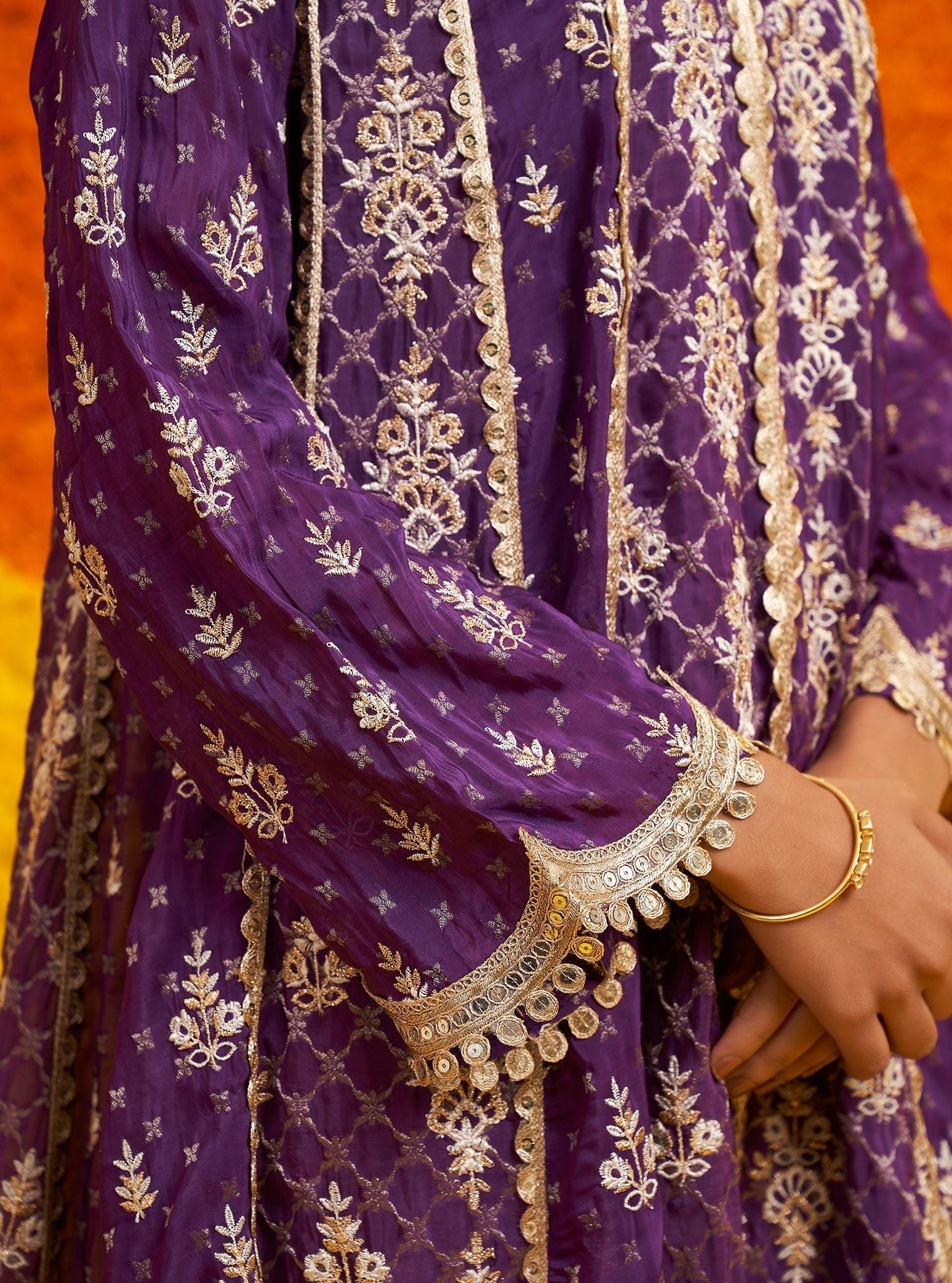 Mulmul Banarsi Chalka Purple Anarkali Kurta With Mulmul Banarsi Chalka Purple Pant