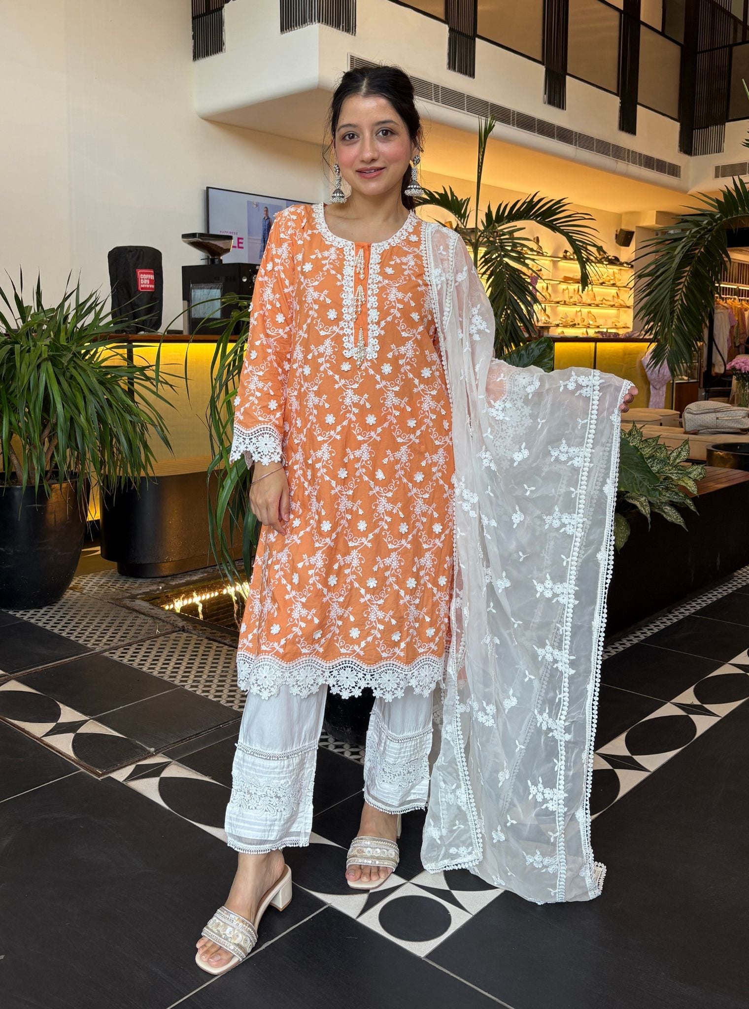 BayBreeze Supima Cotton Orange Kurta with New Pintuck White Pant Set