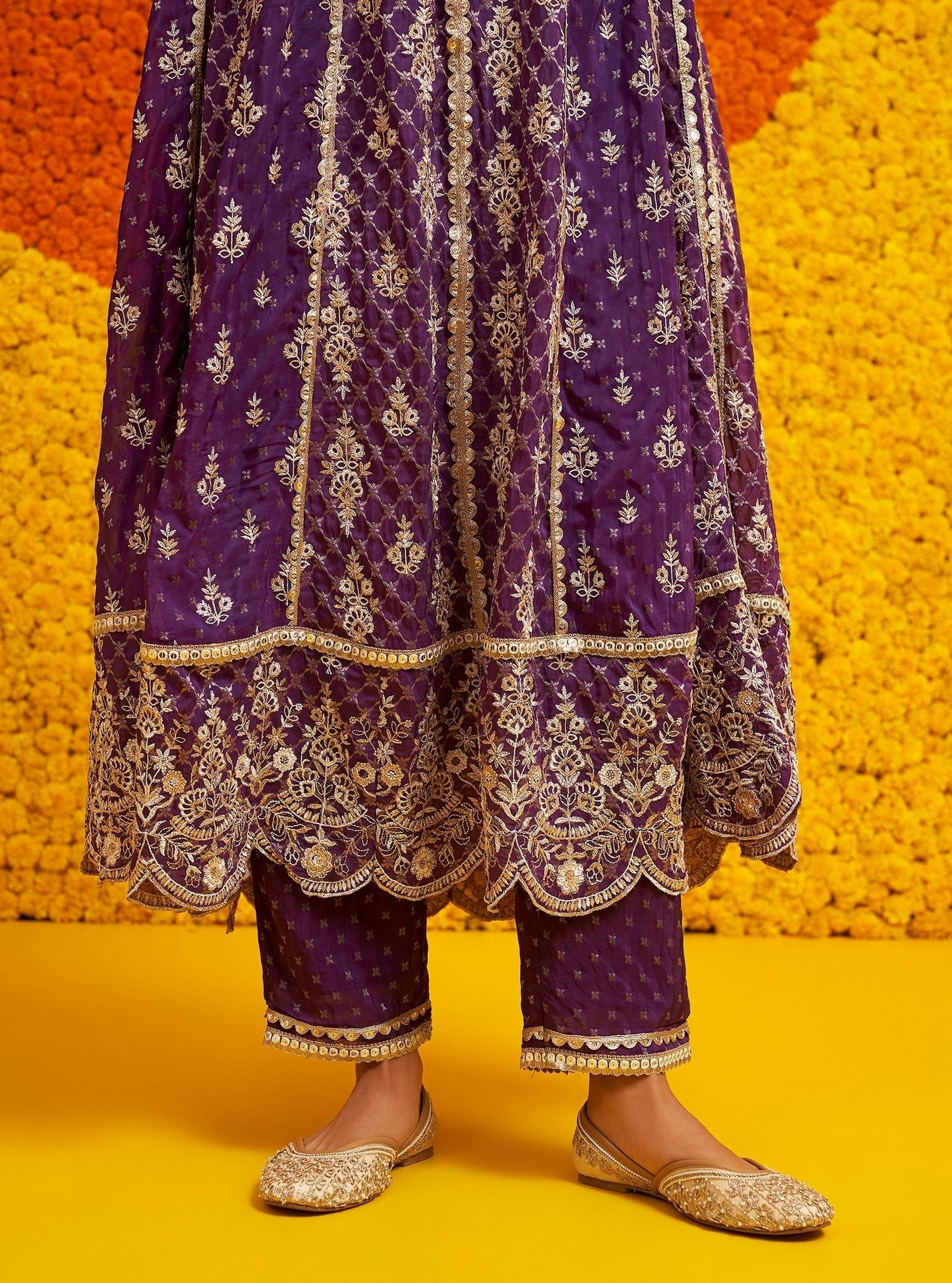 Mulmul Banarsi Chalka Purple Anarkali Kurta With Mulmul Banarsi Chalka Purple Pant