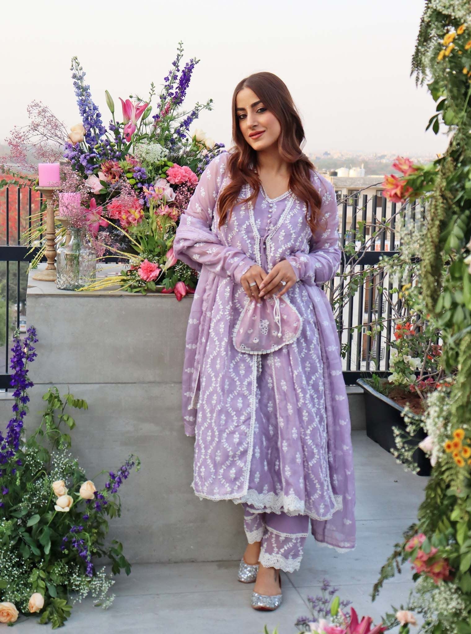 Mulmul Organza Kira Lavender Anarkali Kurta With Mulmul Cotton Kira Lavender Pant