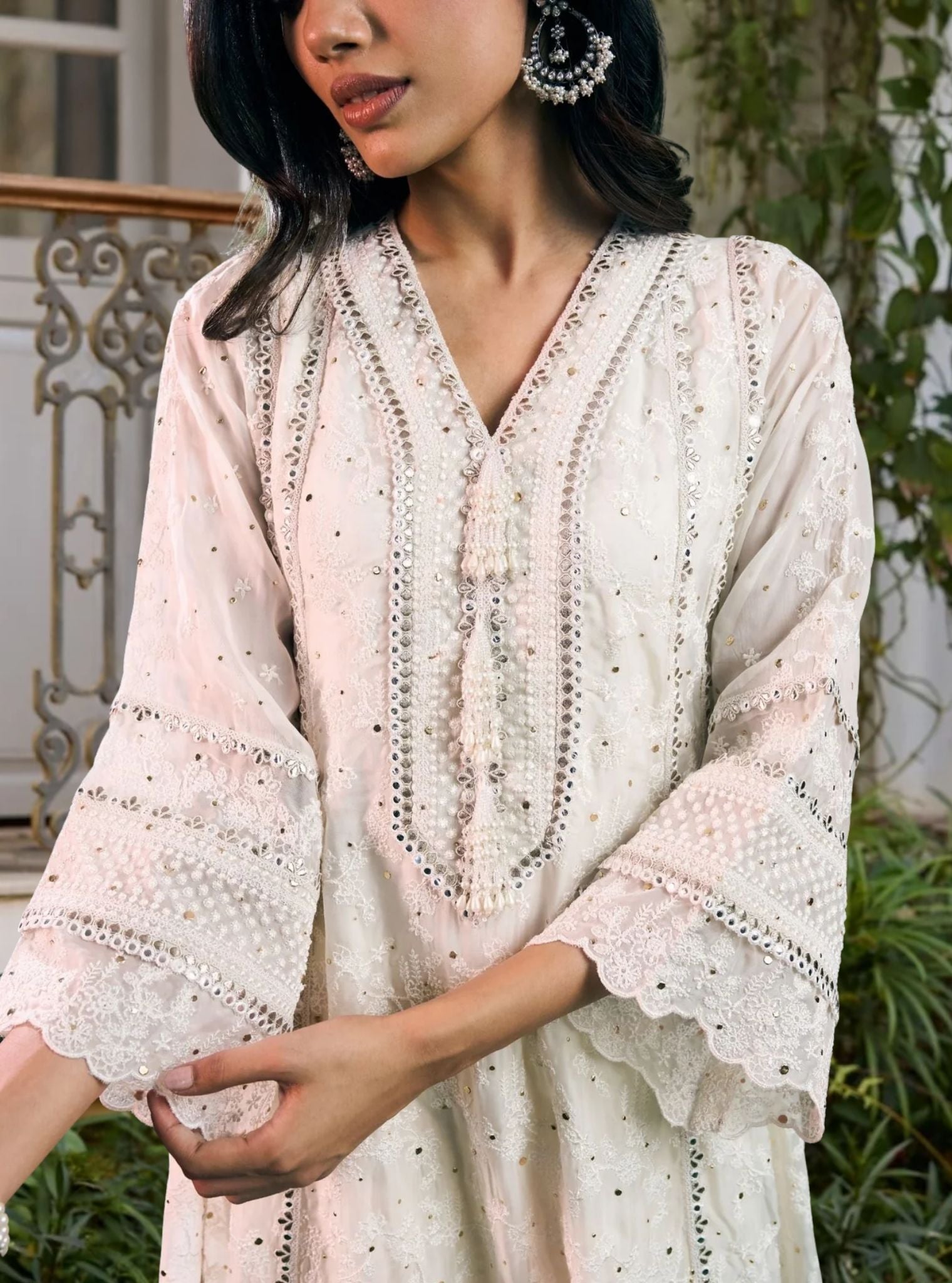 Rupa Organza Off White Anarkali Kurta with Pima Satin Off White Pant Set