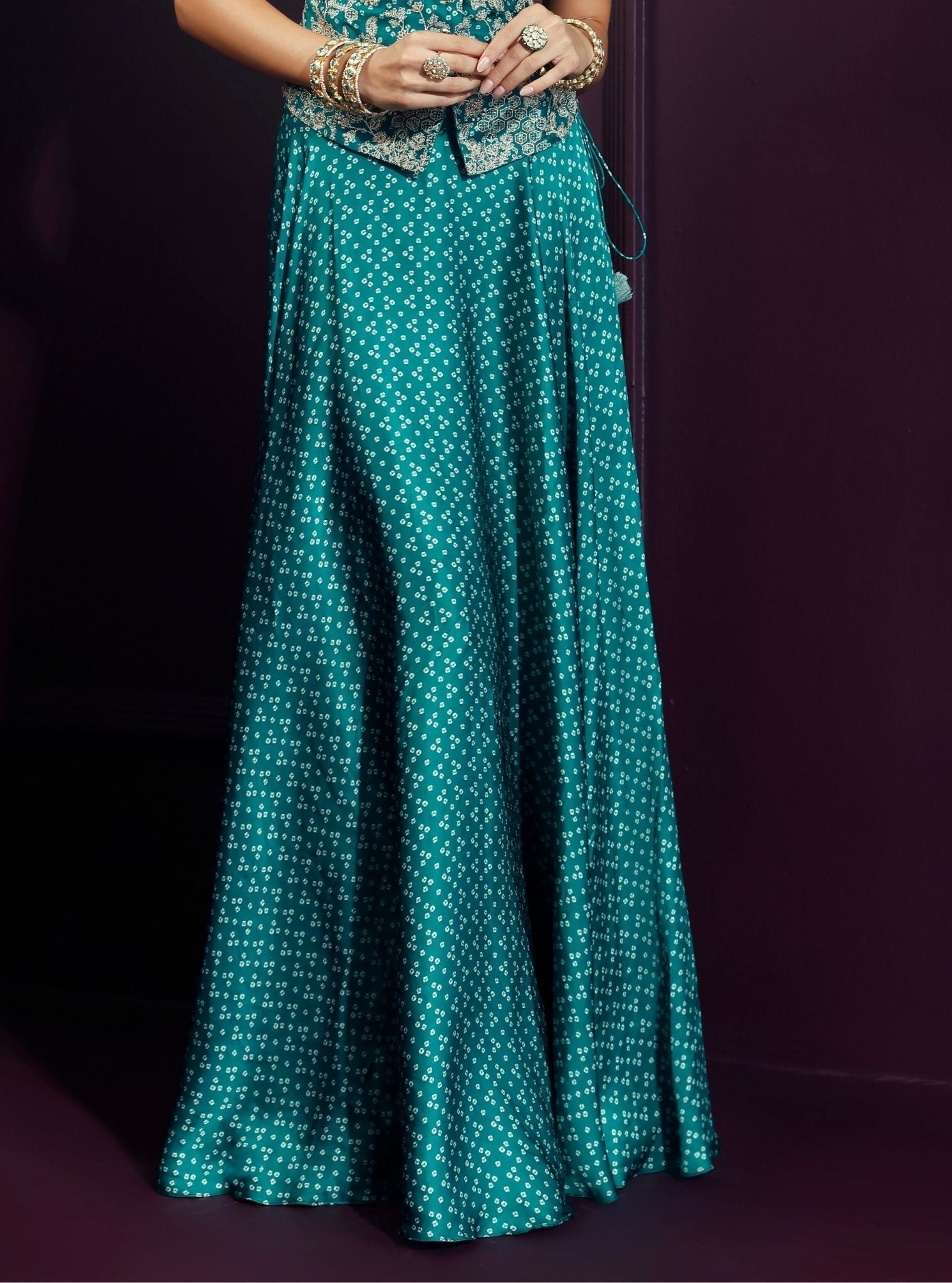 Kuhu Cupro Satin Printed Emerald Green Waistcoat with Skirt