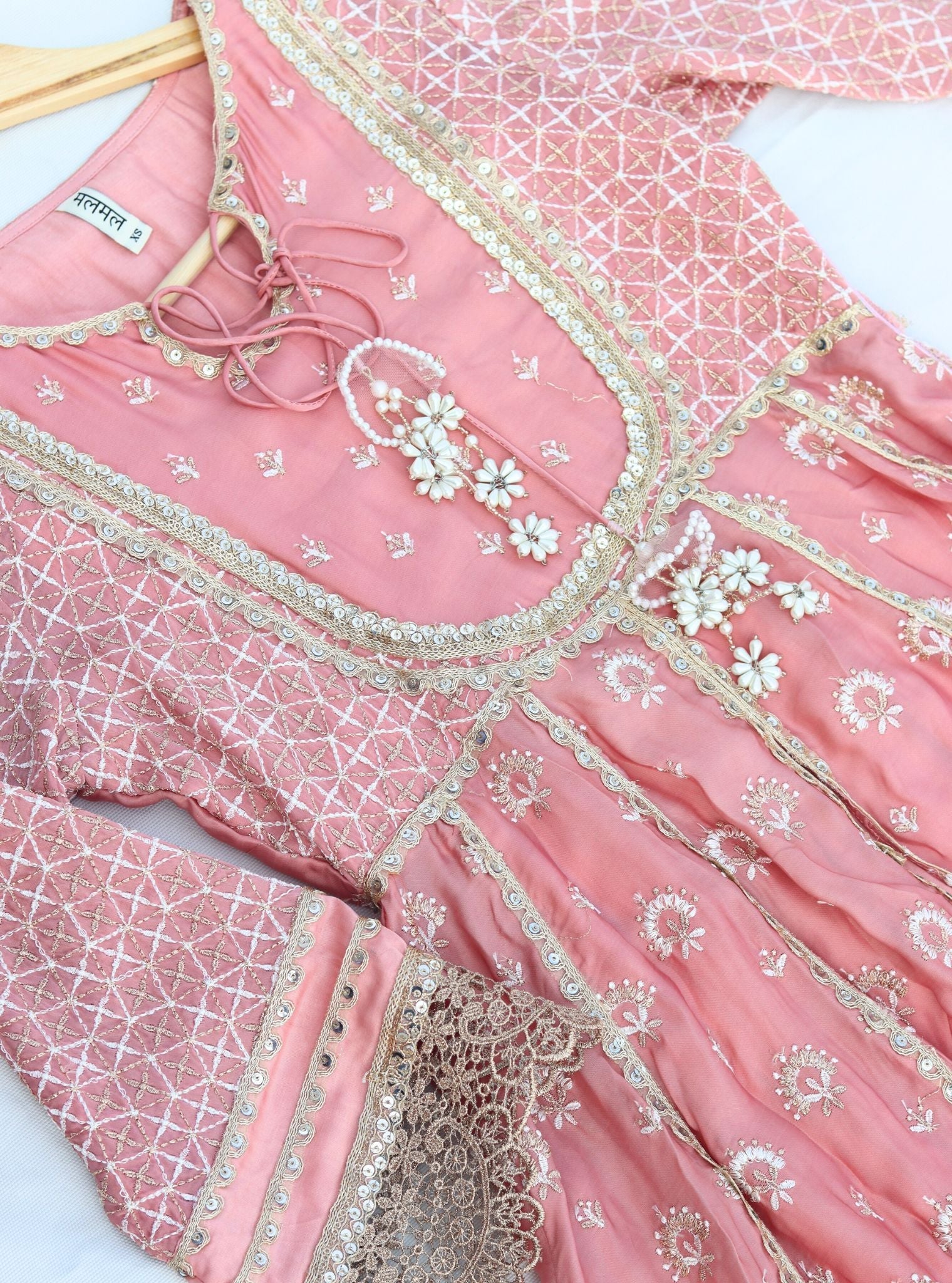 Mulmul Organza Satin Navrai Light Pink Anarkali Kurta with Mulmul Luxe Satin Navrai Light Pink Pant