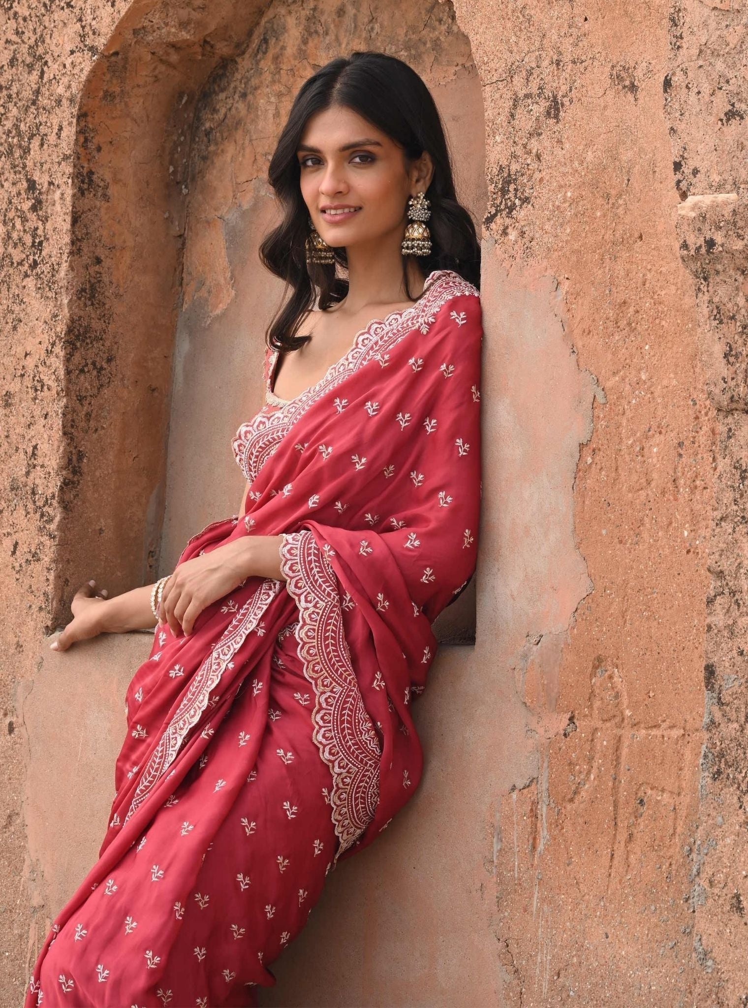 Bindiya Organza Satin Red Saree